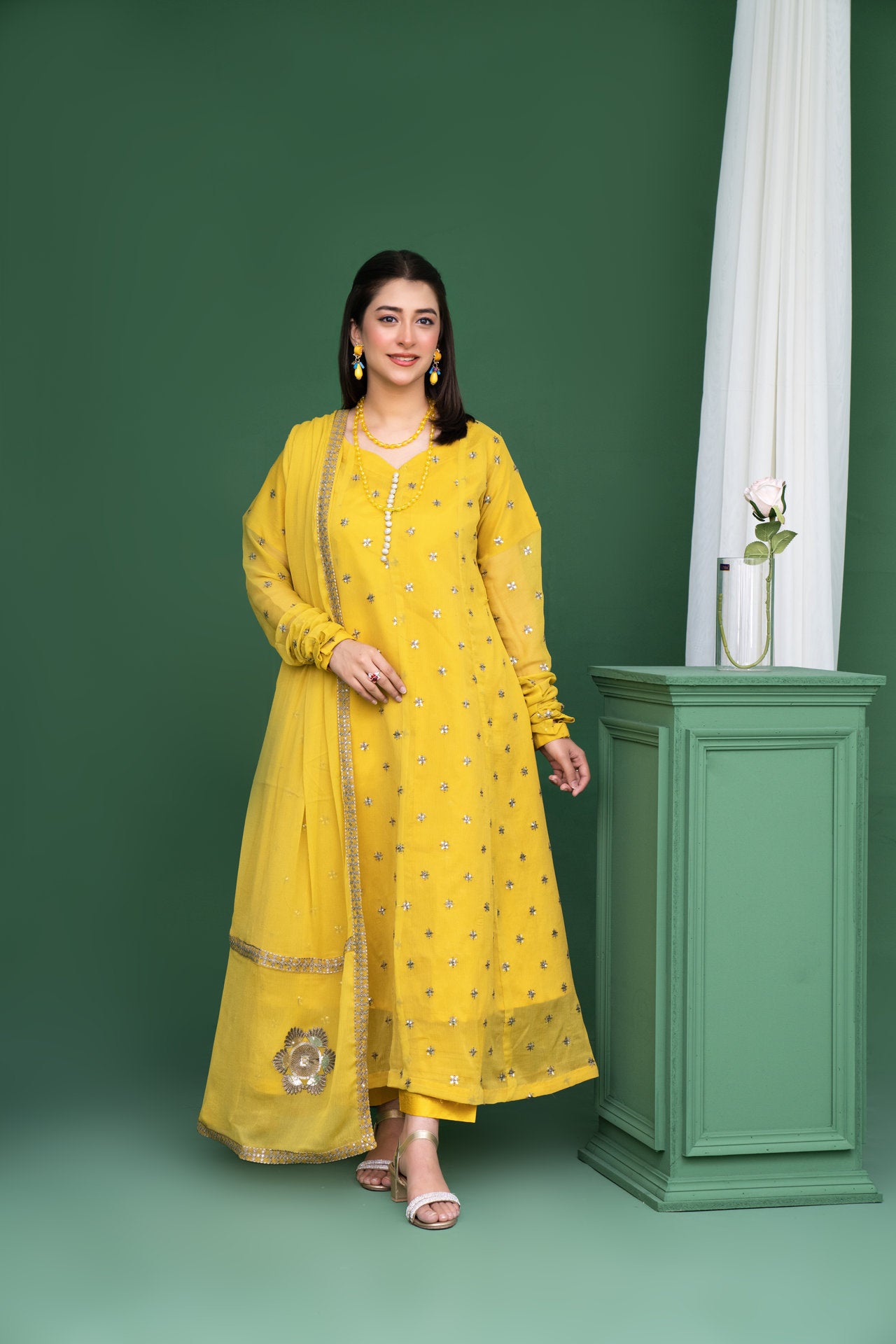 2178 - Yellow 3 Piece Embroidered Chiffon Suit