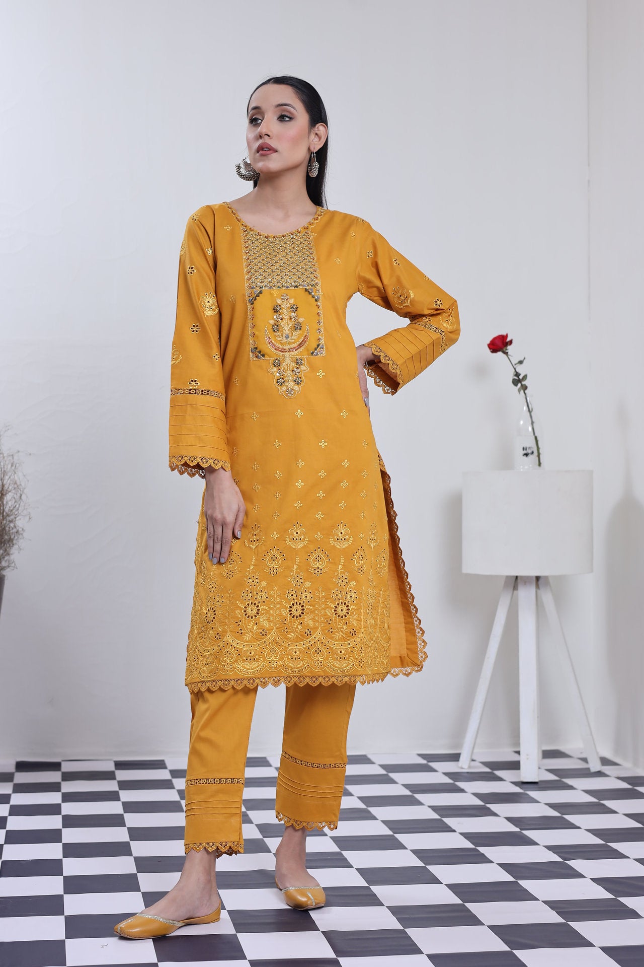 2198- Golden 2 piece embroidered Cotton lawn suit