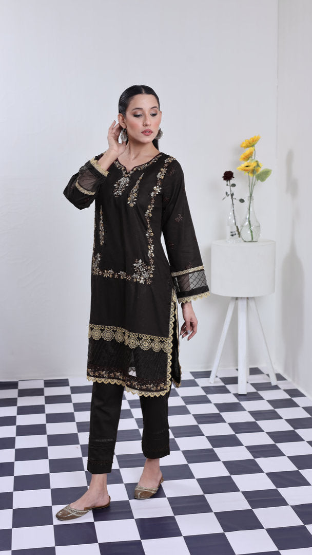 2202-Black– Cotton lawn Embroidered 2-Piece Suit – Elegant Summer Wear