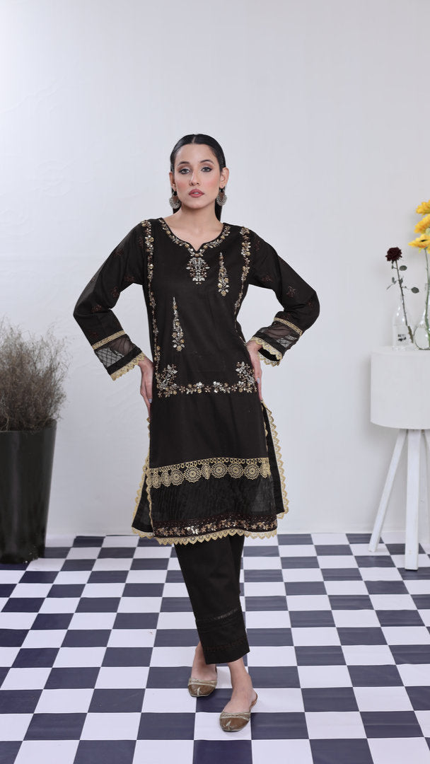 2202-Black– Cotton lawn Embroidered 2-Piece Suit – Elegant Summer Wear