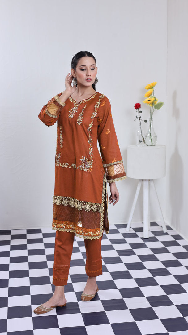 2202-Katha Orange – Cotton lawn Embroidered 2-Piece Suit – Elegant Summer Wear
