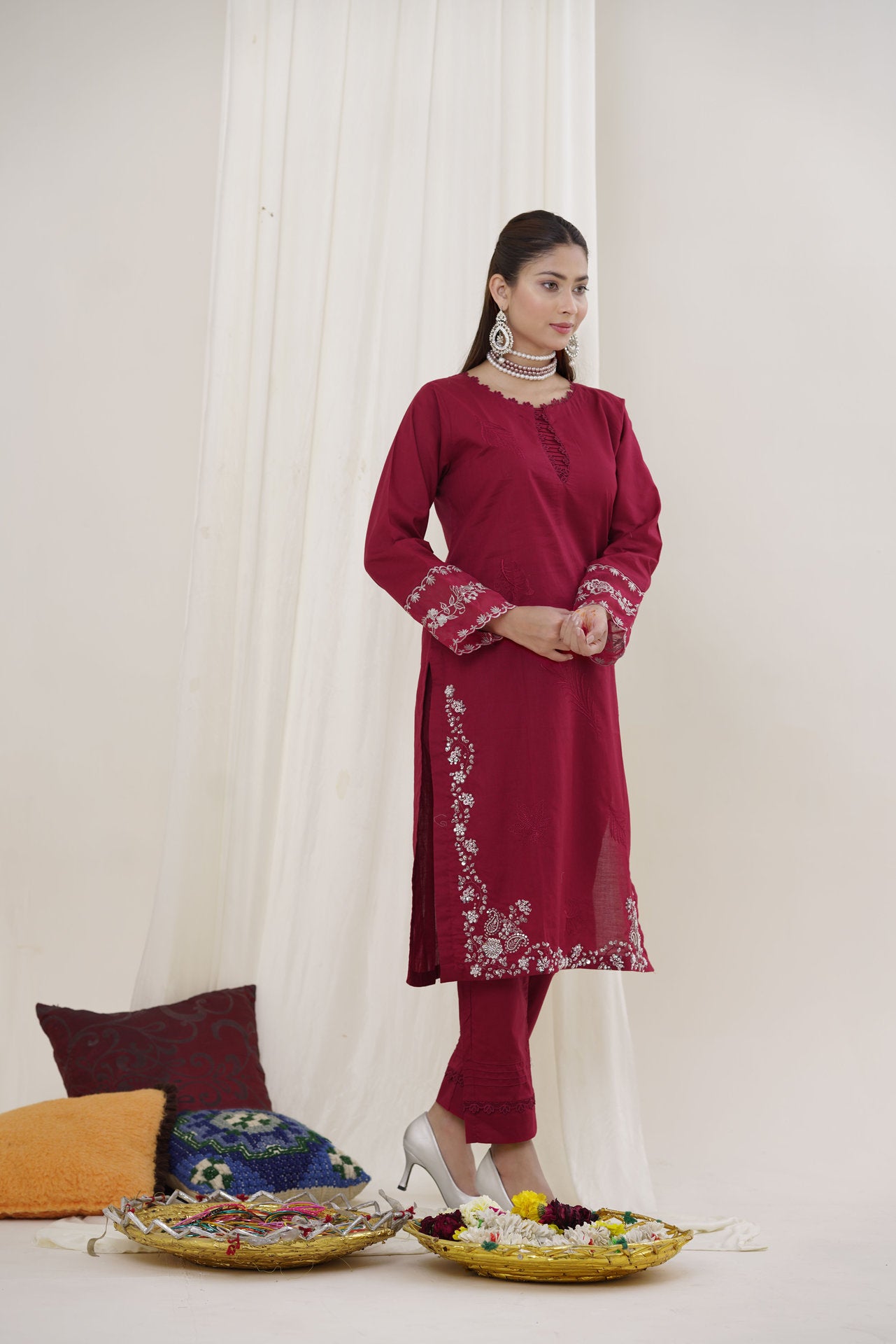 2214-Marron Elegant Embroidered 2-Piece Suit