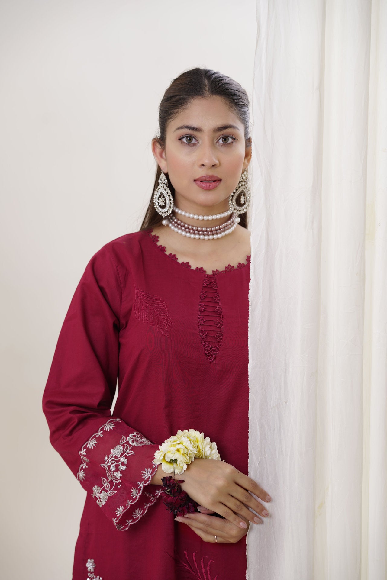 2214-Marron Elegant Embroidered 2-Piece Suit