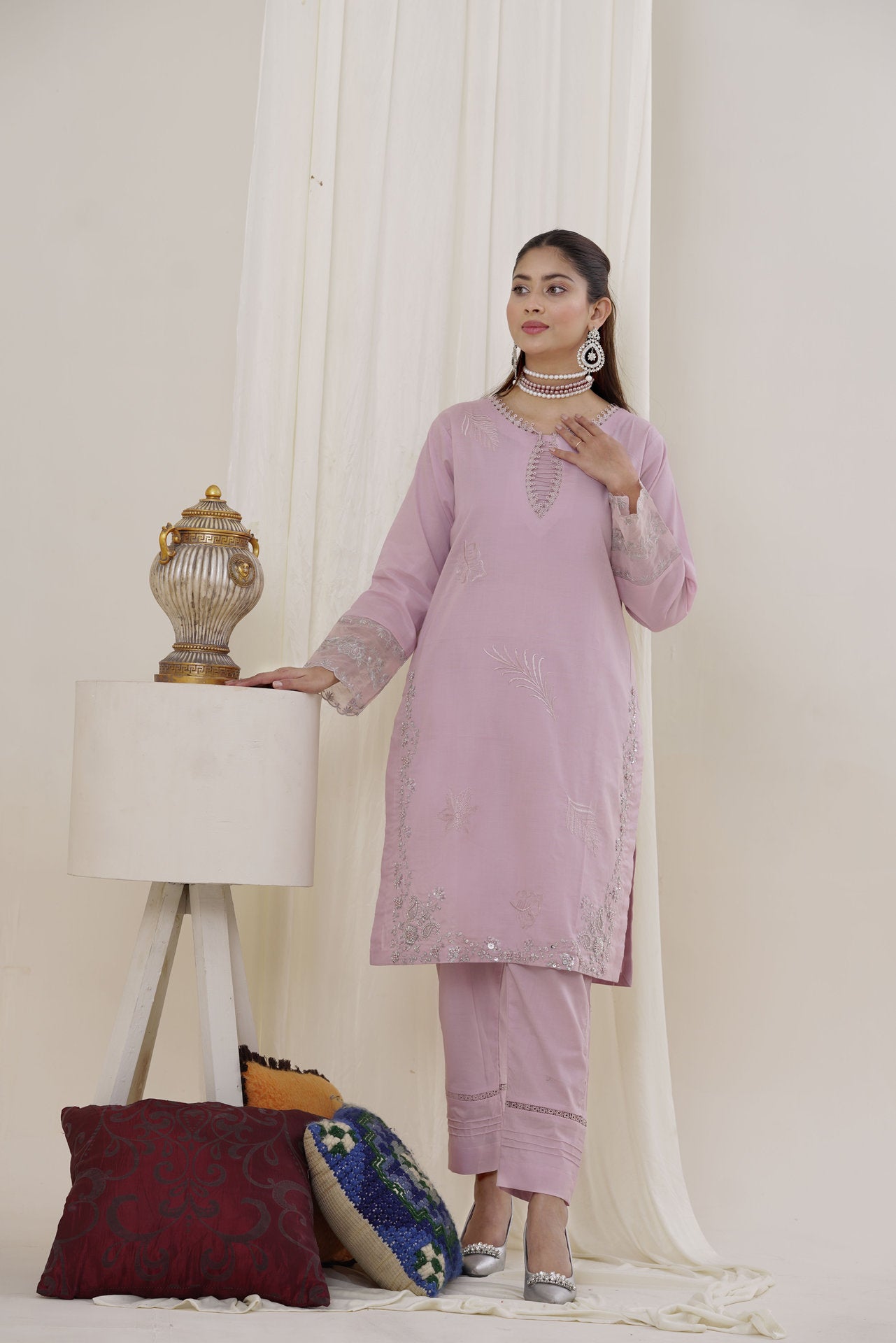 2214-Light Pink Embroidered 2-Piece Suit