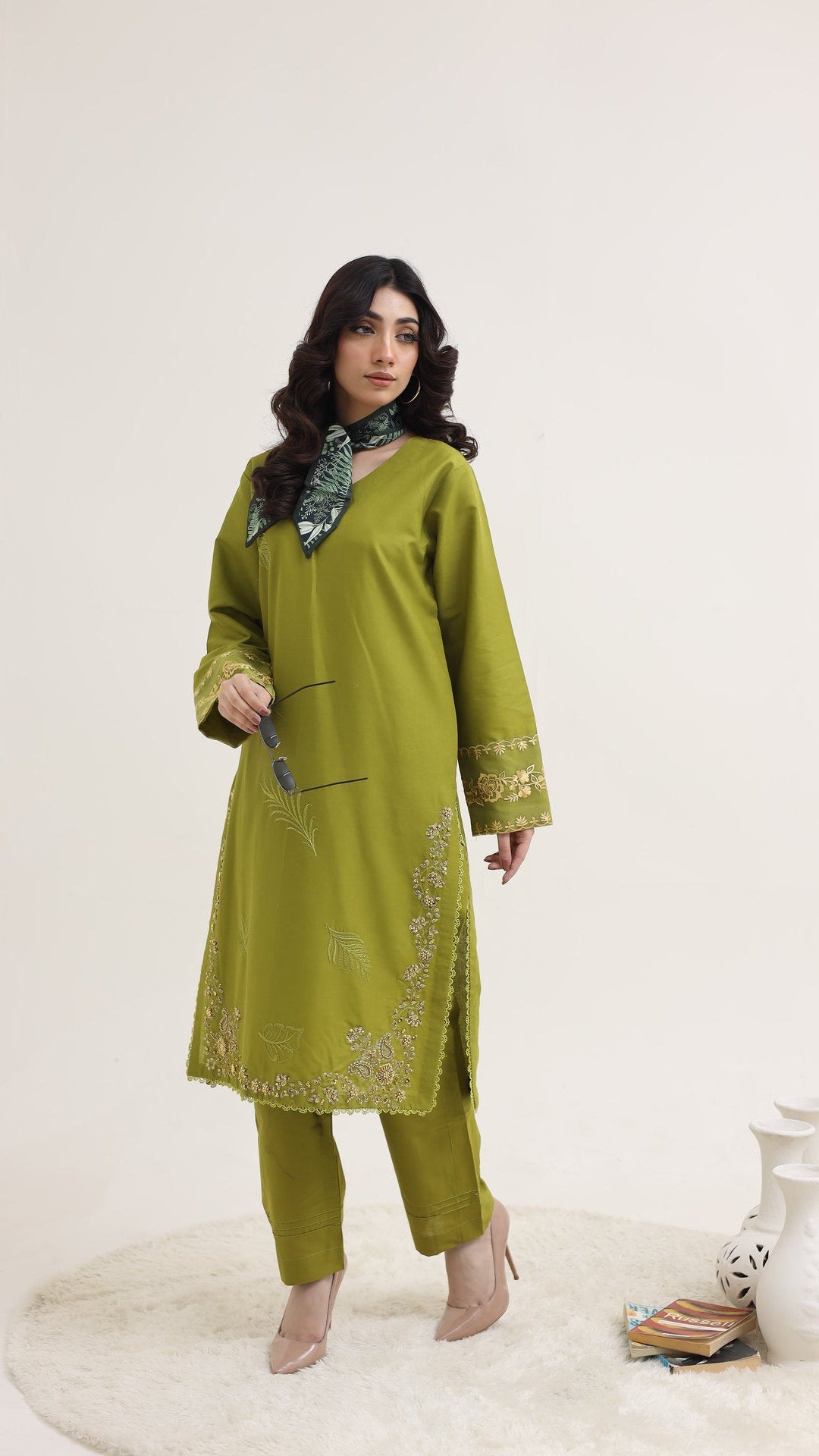 2214-Green Elegant Embroidered 2-Piece Cotton Lawn Suit