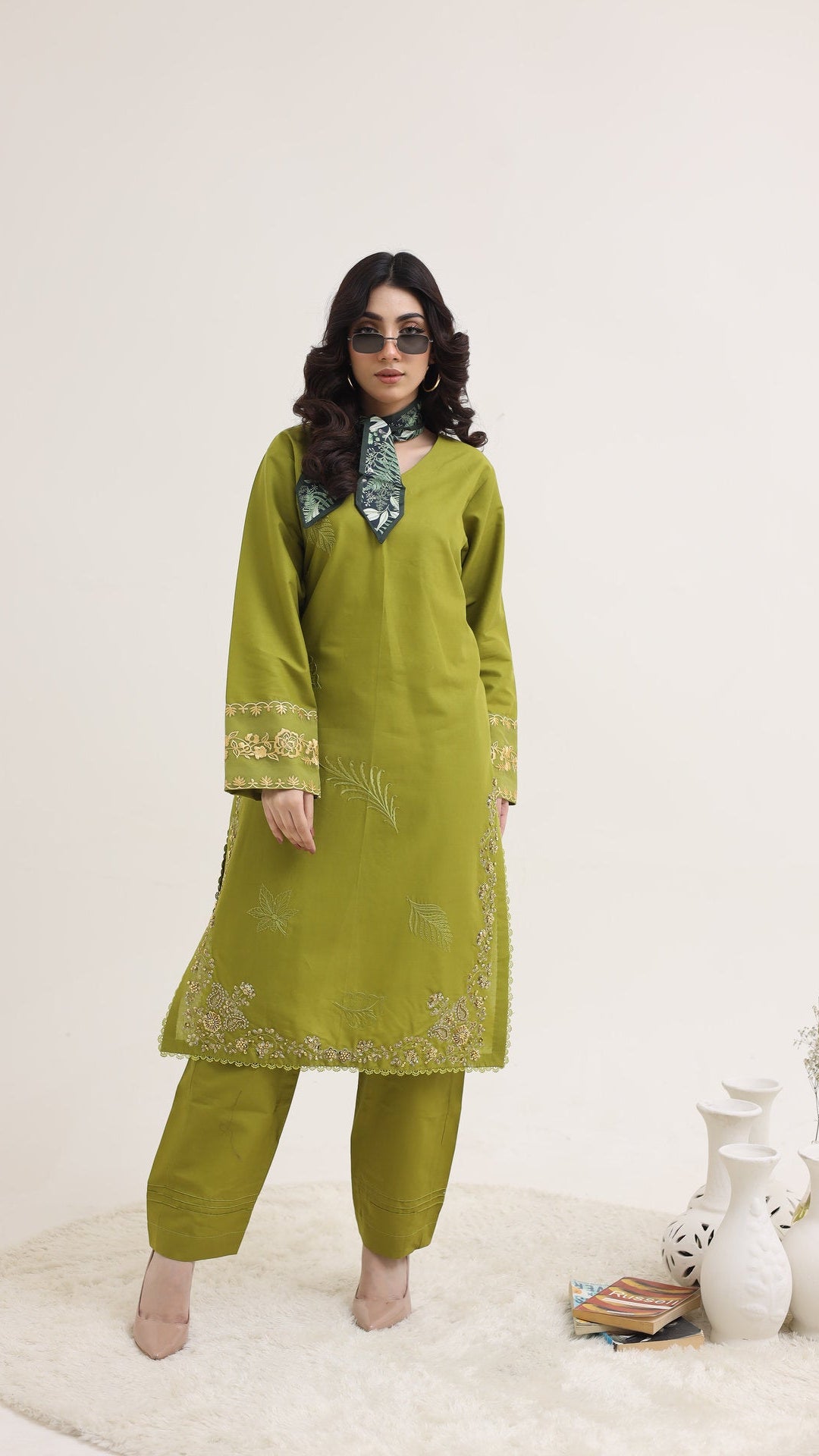 2214-Green Elegant Embroidered 2-Piece Cotton Lawn Suit