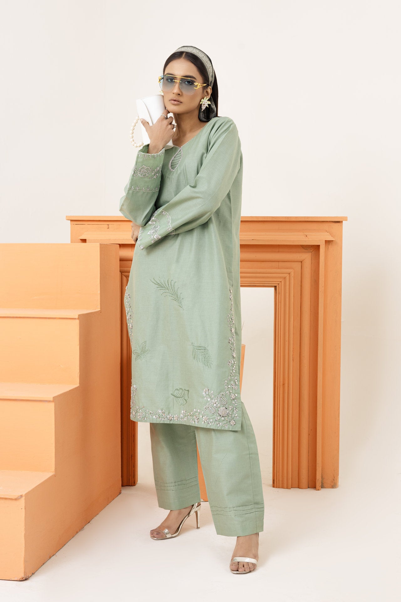 2214-Sea Green Embroidered 2-Piece Suit