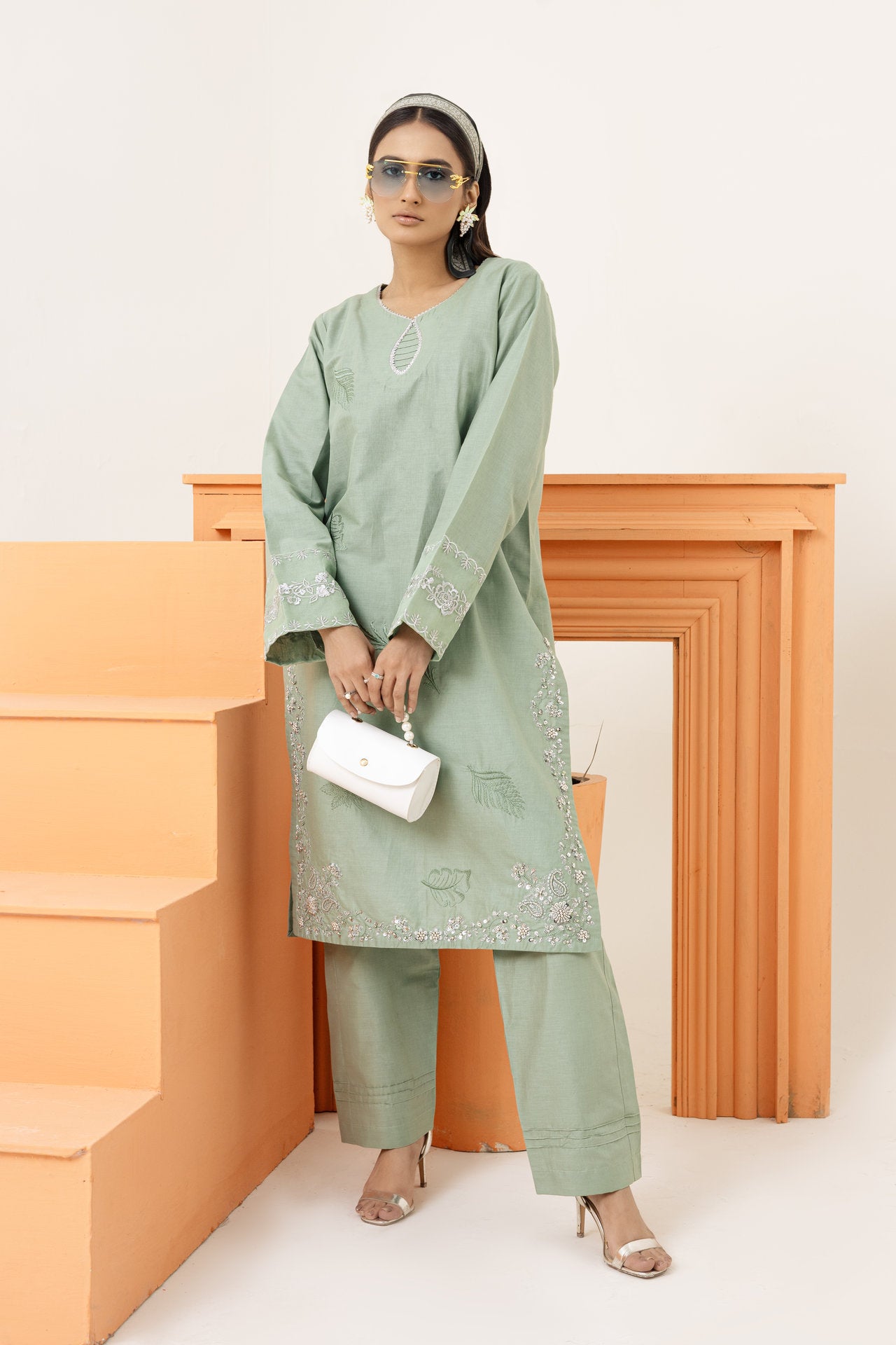 2214-Sea Green Embroidered 2-Piece Suit