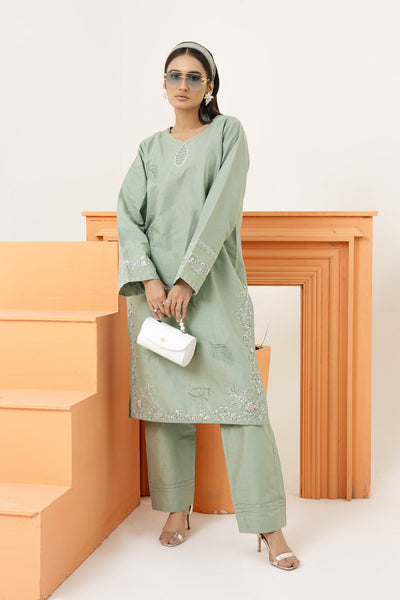 2214-Sea Green Embroidered 2-Piece Cotton Lawn Suit