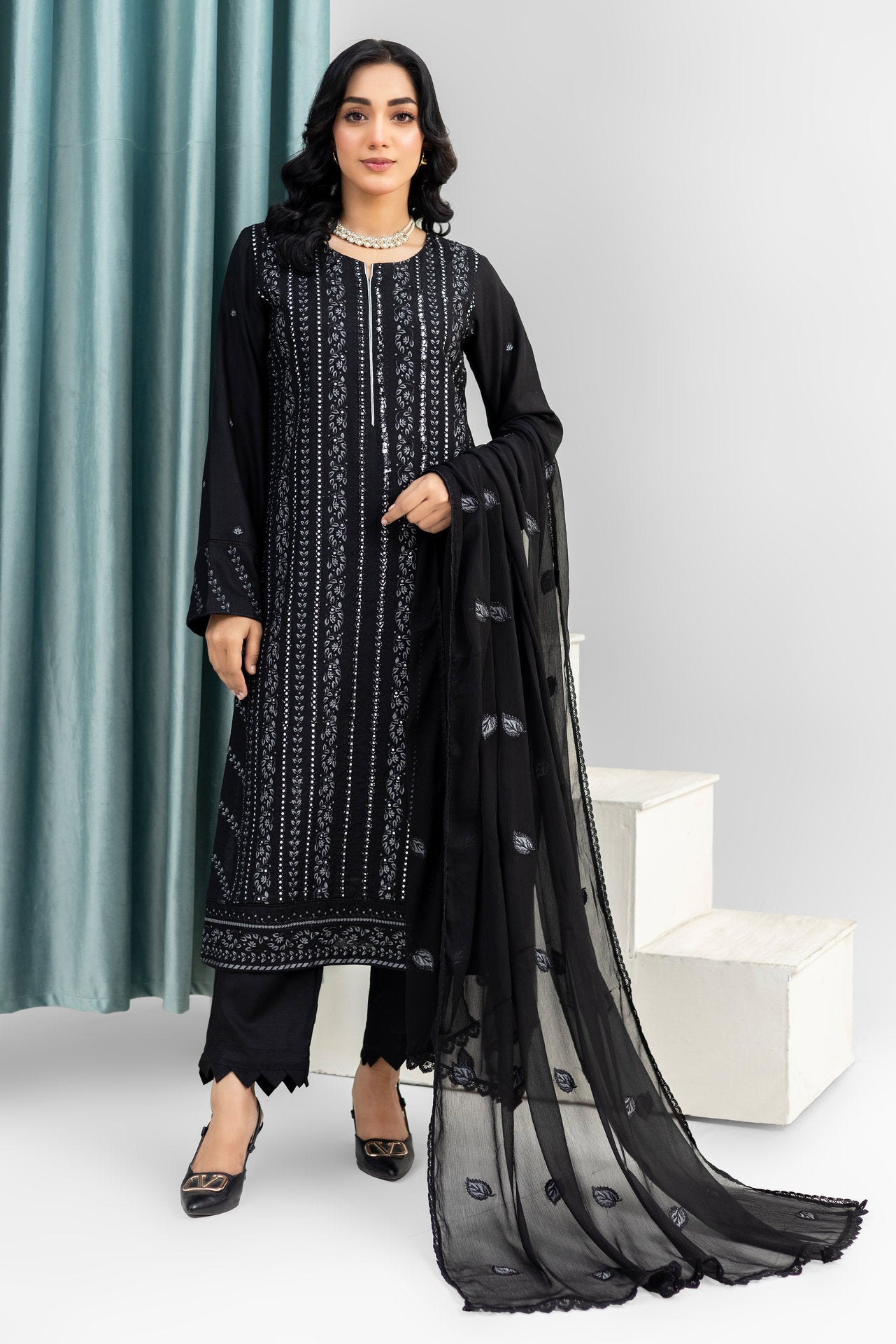 2221 - Black Embroidered 3-Piece Cotton Lawn Suit – Elegant Summer Wear