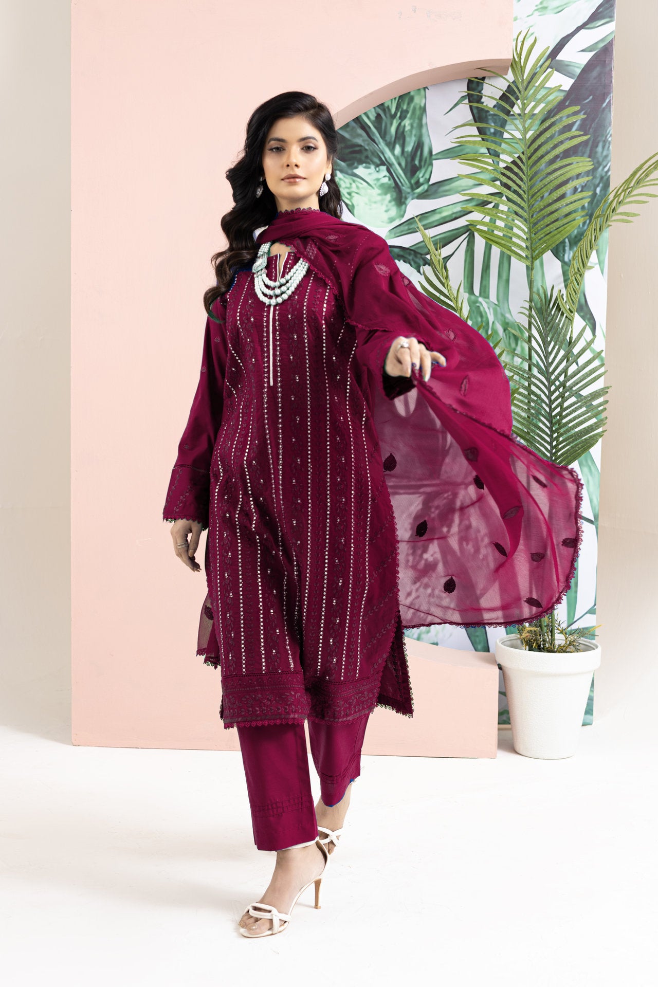 2221 - Maroon Embroidered 3-Piece Cotton Lawn Suit – Elegant Summer Wear