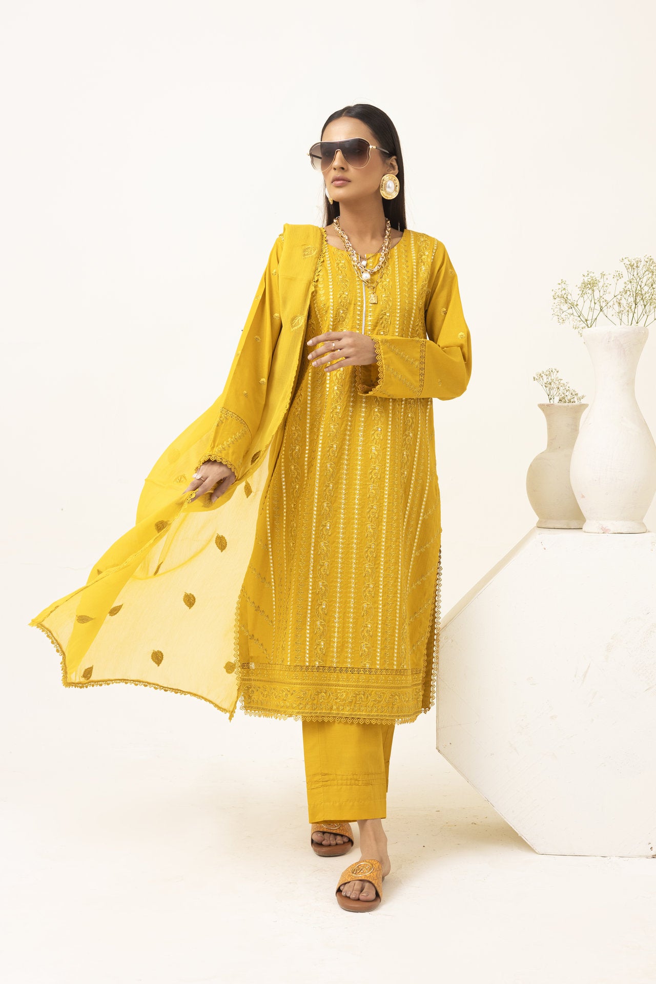 2221 - Yellow Embroidered 3-Piece Cotton  Lawn Suit – Elegant Summer Wear