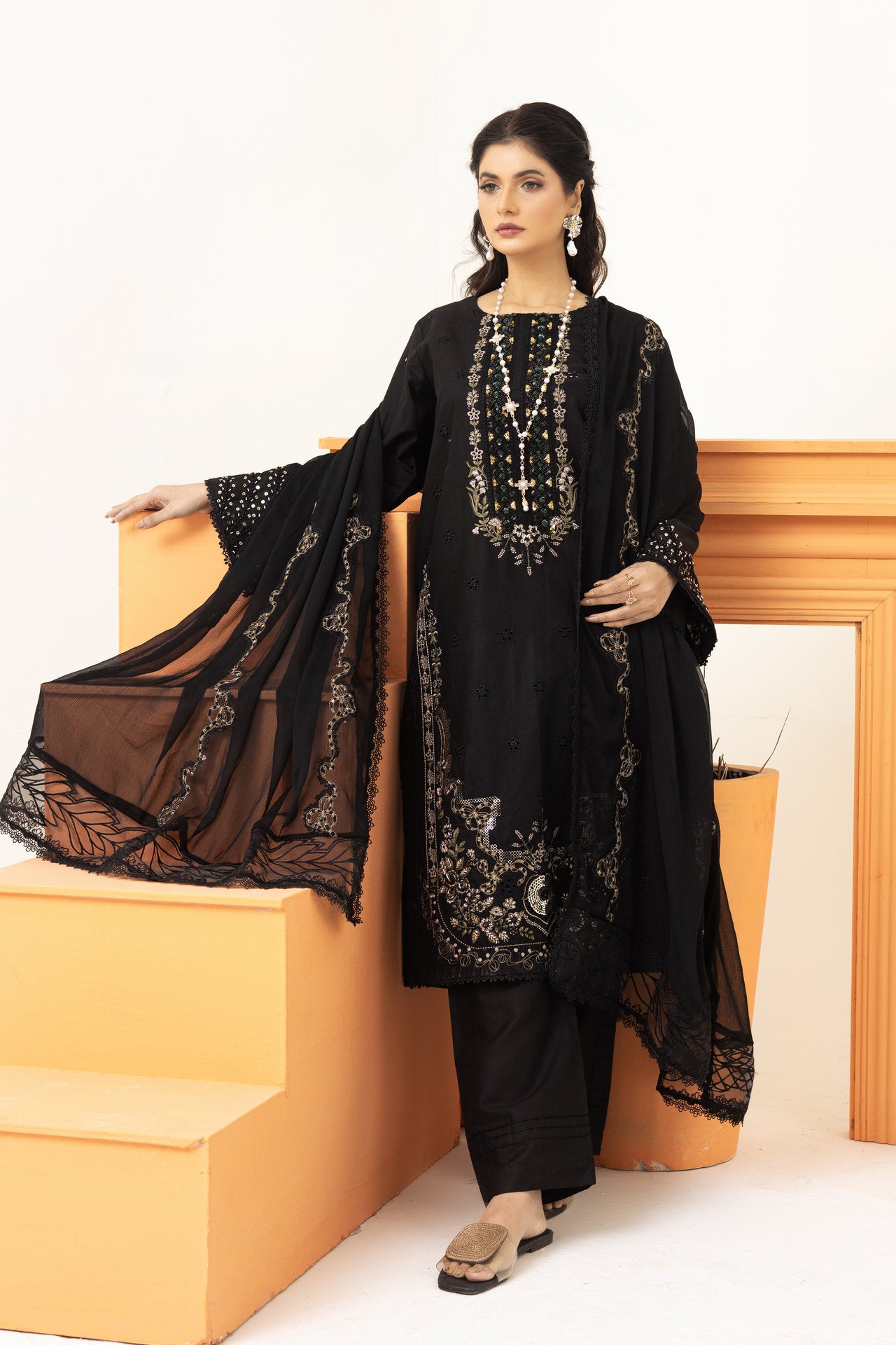 2222 - Black Embroidered 3-Piece Cotton Lawn Suit – Elegant Summer Wear
