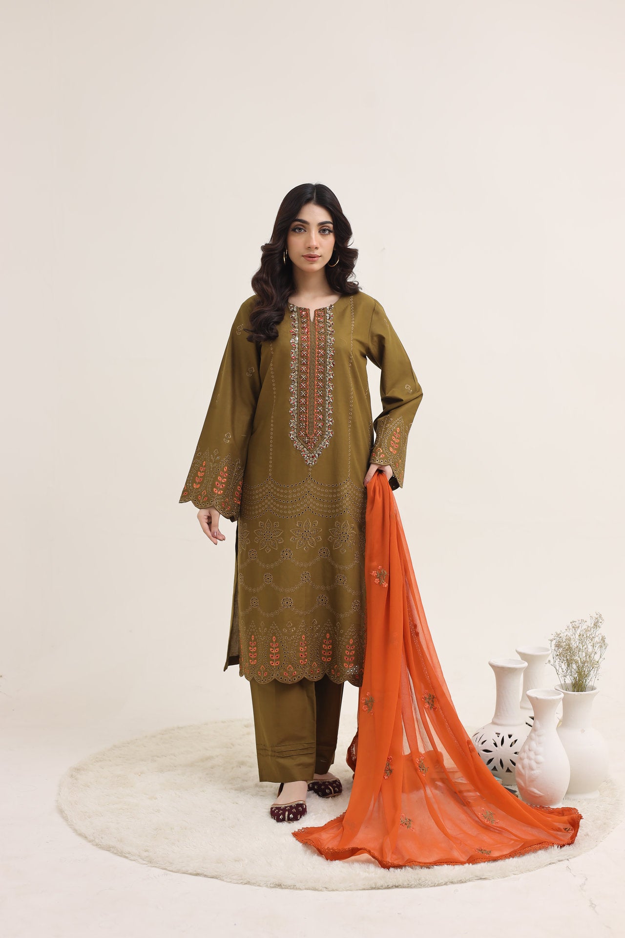 2223 - Tobacco Embroidered 3-Piece Cotton Lawn Suit – Elegant Summer Wear