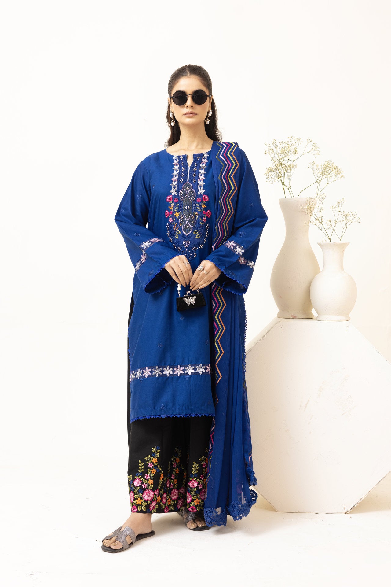 2224 - Ink Blue Embroidered 3-Piece Cotton Lawn Suit – Elegant Summer Wear