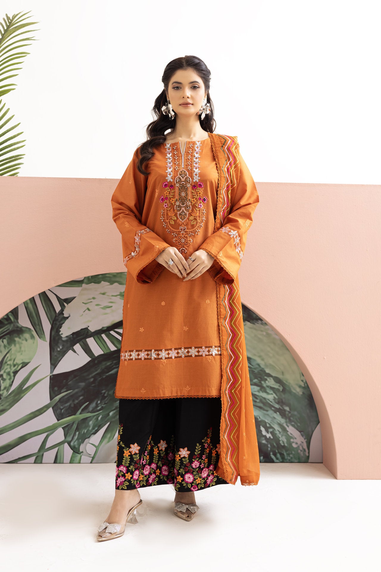 2224 - Orange Embroidered 3-Piece Cotton Lawn Suit – Elegant Summer Wear