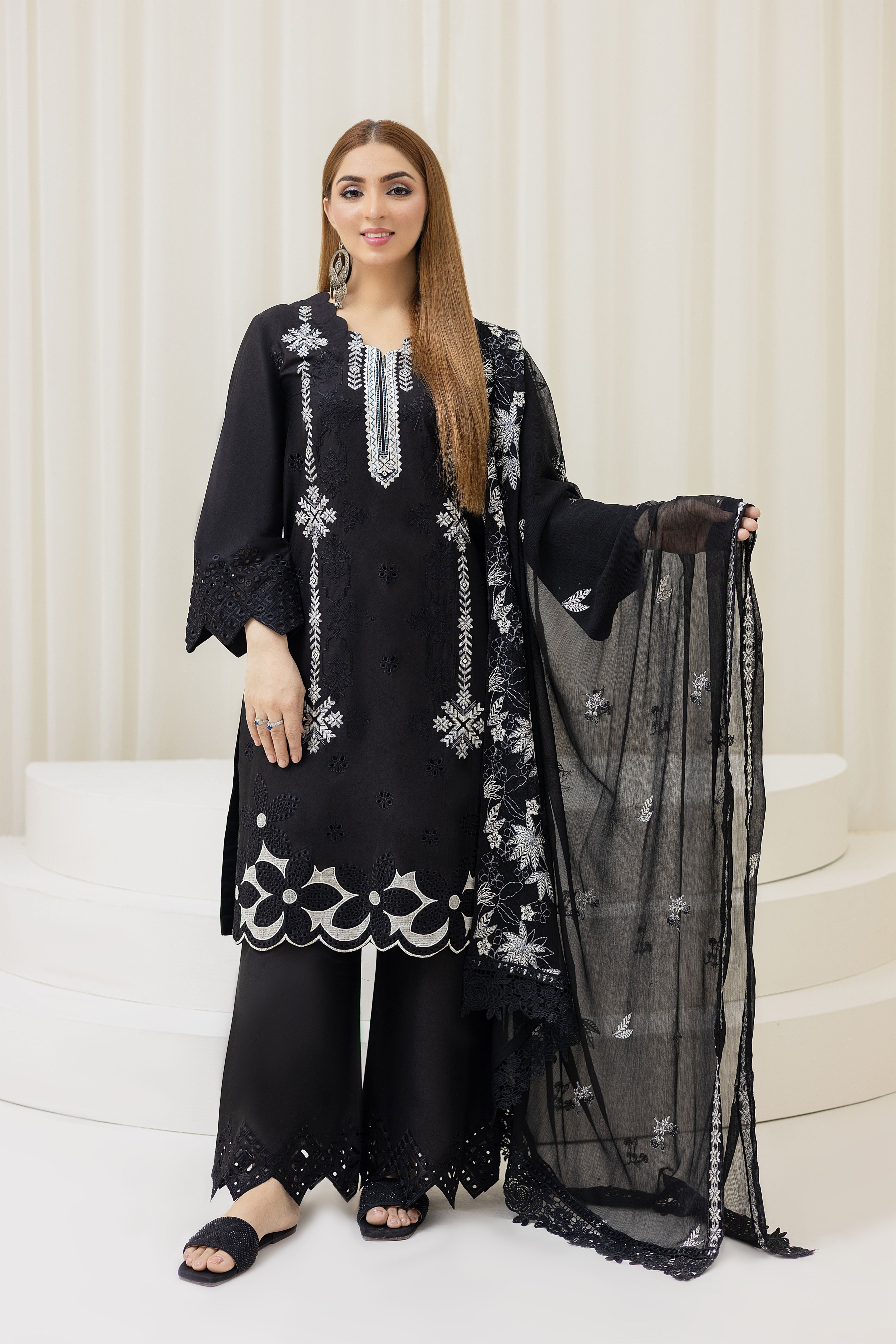 2226-Black Embroidered 3-Piece Cotton Lawn Suit – Elegant Summer Wear
