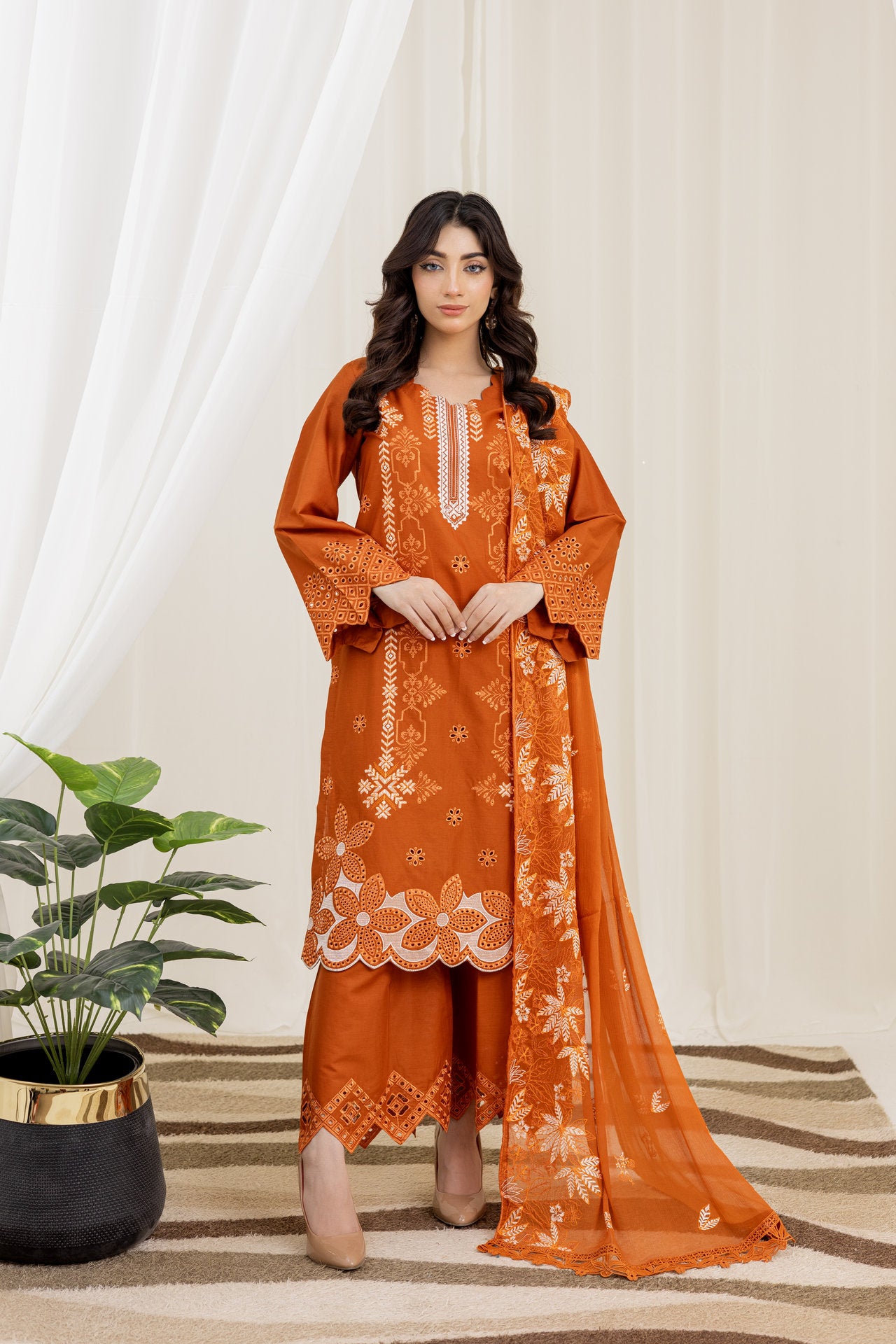 2226-Orange Embroidered 3-Piece Cotton Lawn Suit – Elegant Summer Wear
