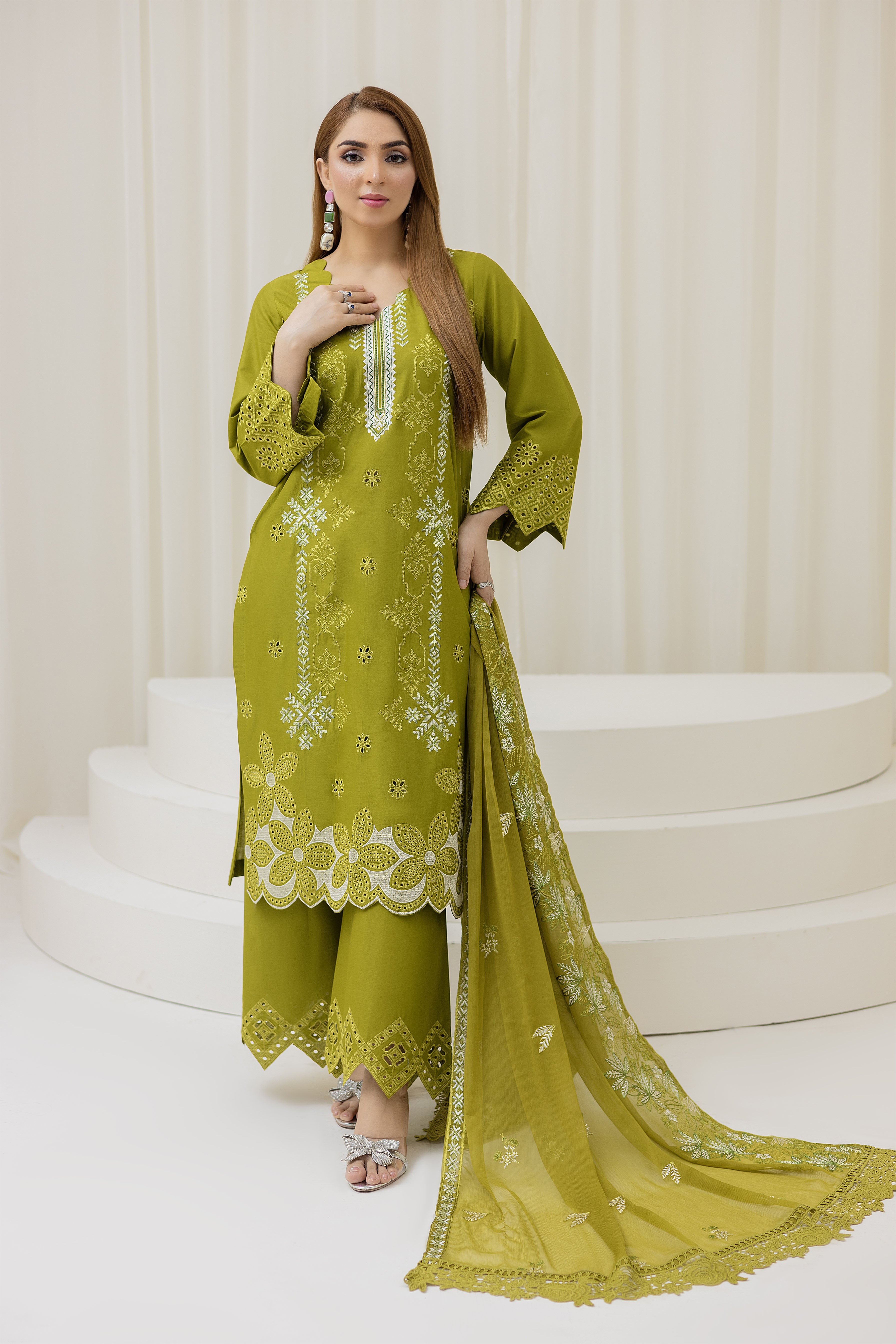 2226-Parrot Green Embroidered 3-Piece Cotton Lawn Suit – Elegant Summer Wear Elegant Summer Wear