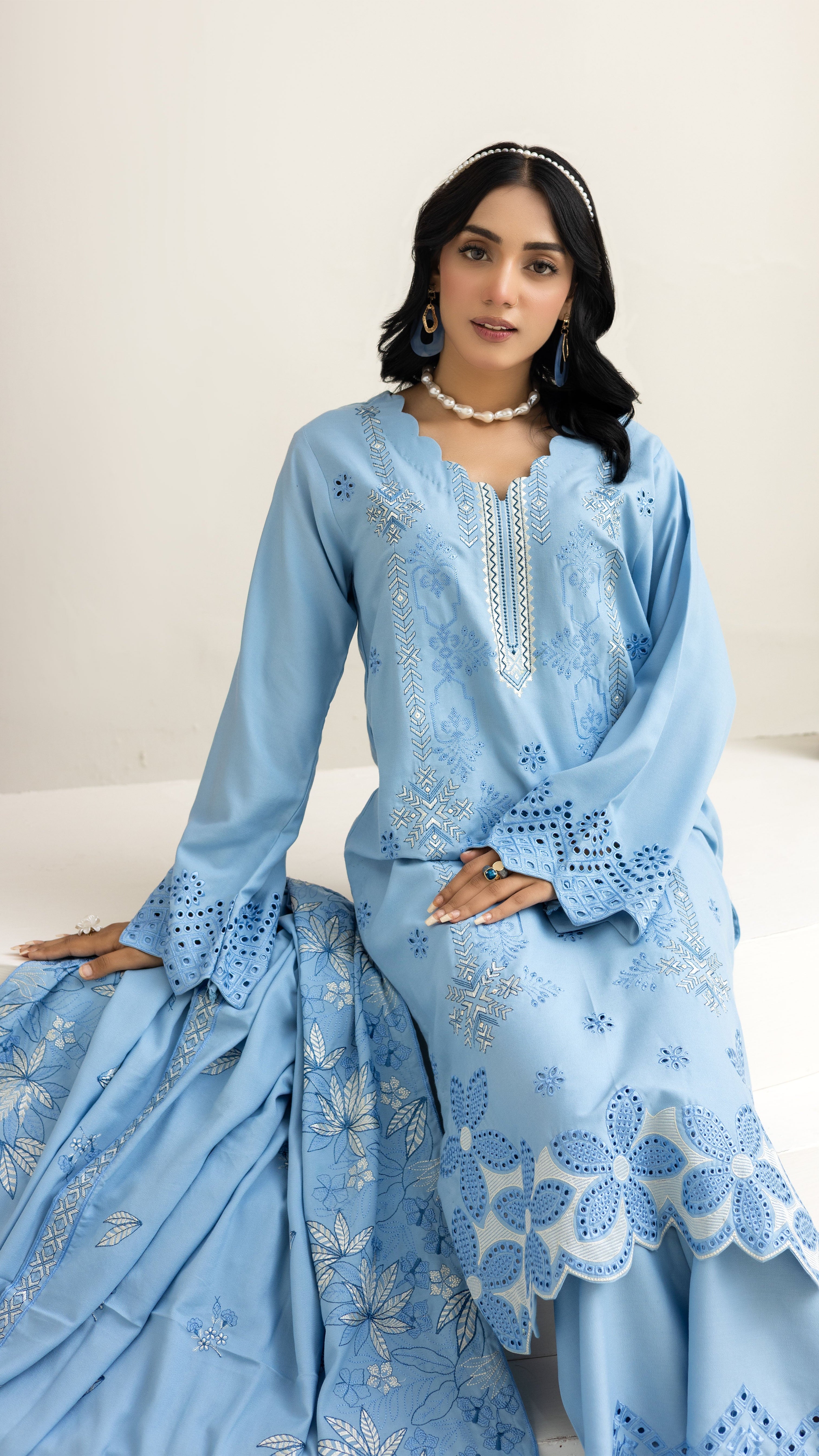 2226- Sky Blue  Embroidered 3-Piece Dhanak Suit