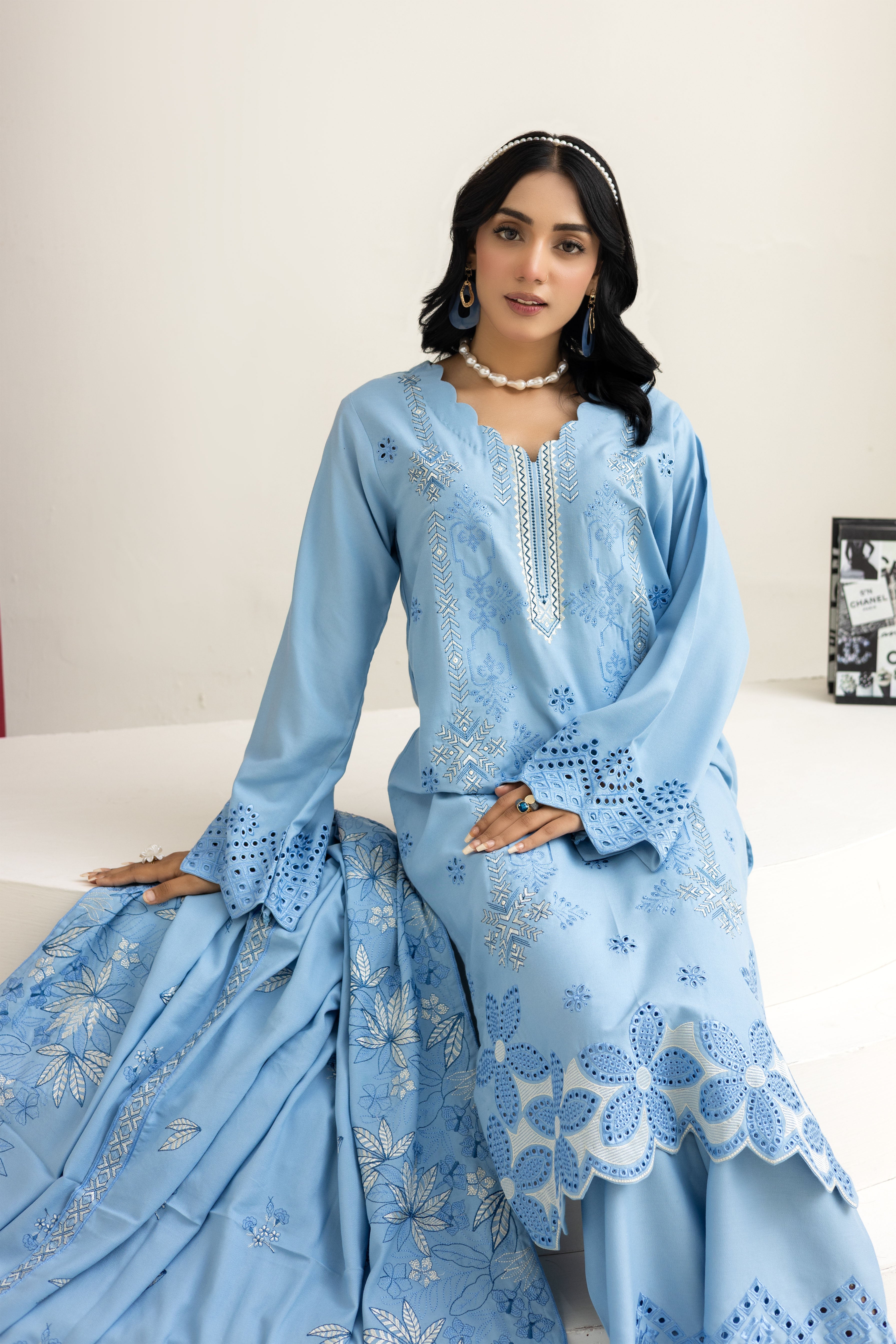 2226- Sky Blue  Embroidered 3-Piece Dhanak Suit