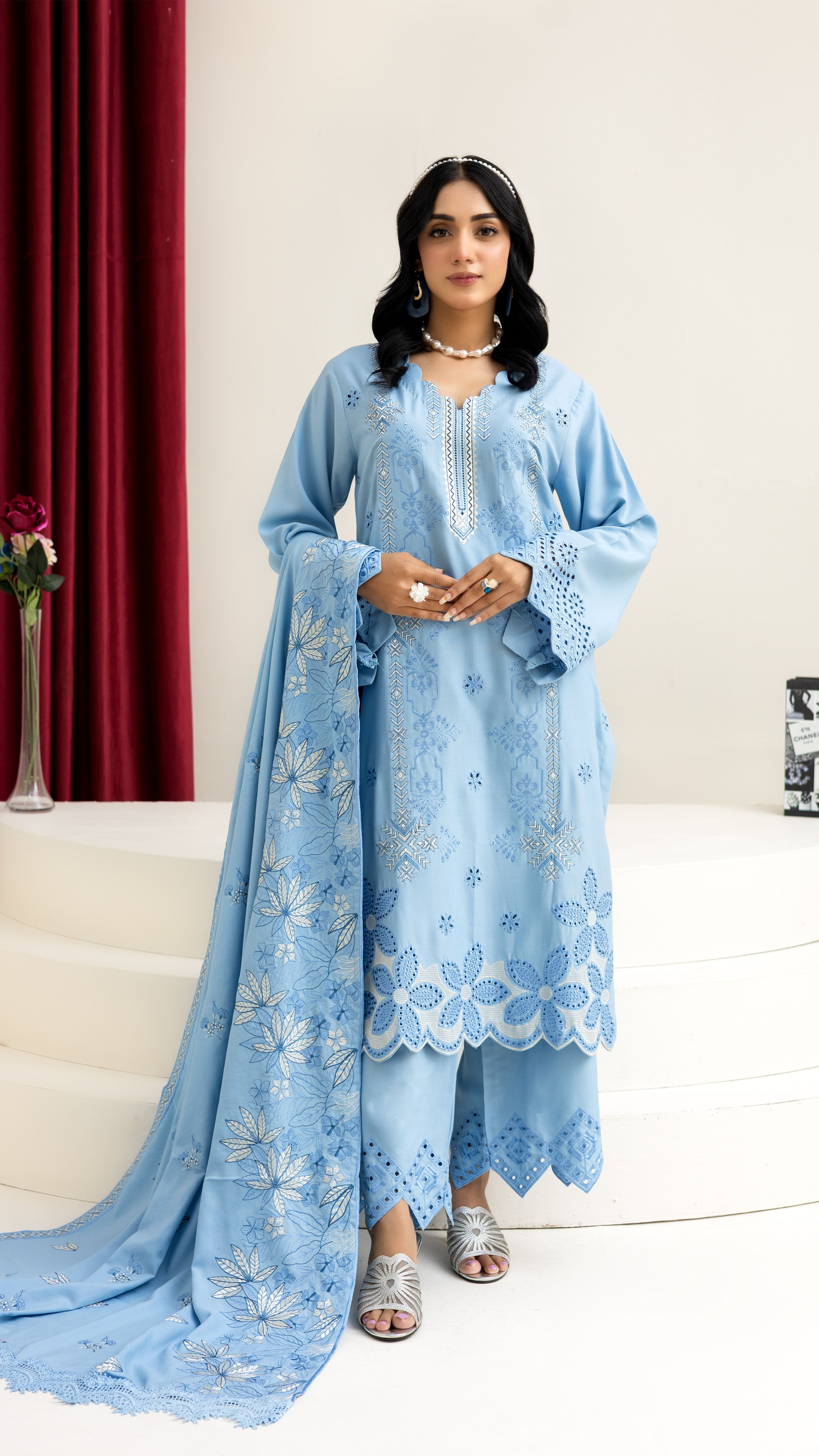 2226- Sky Blue  Embroidered 3-Piece Dhanak Suit