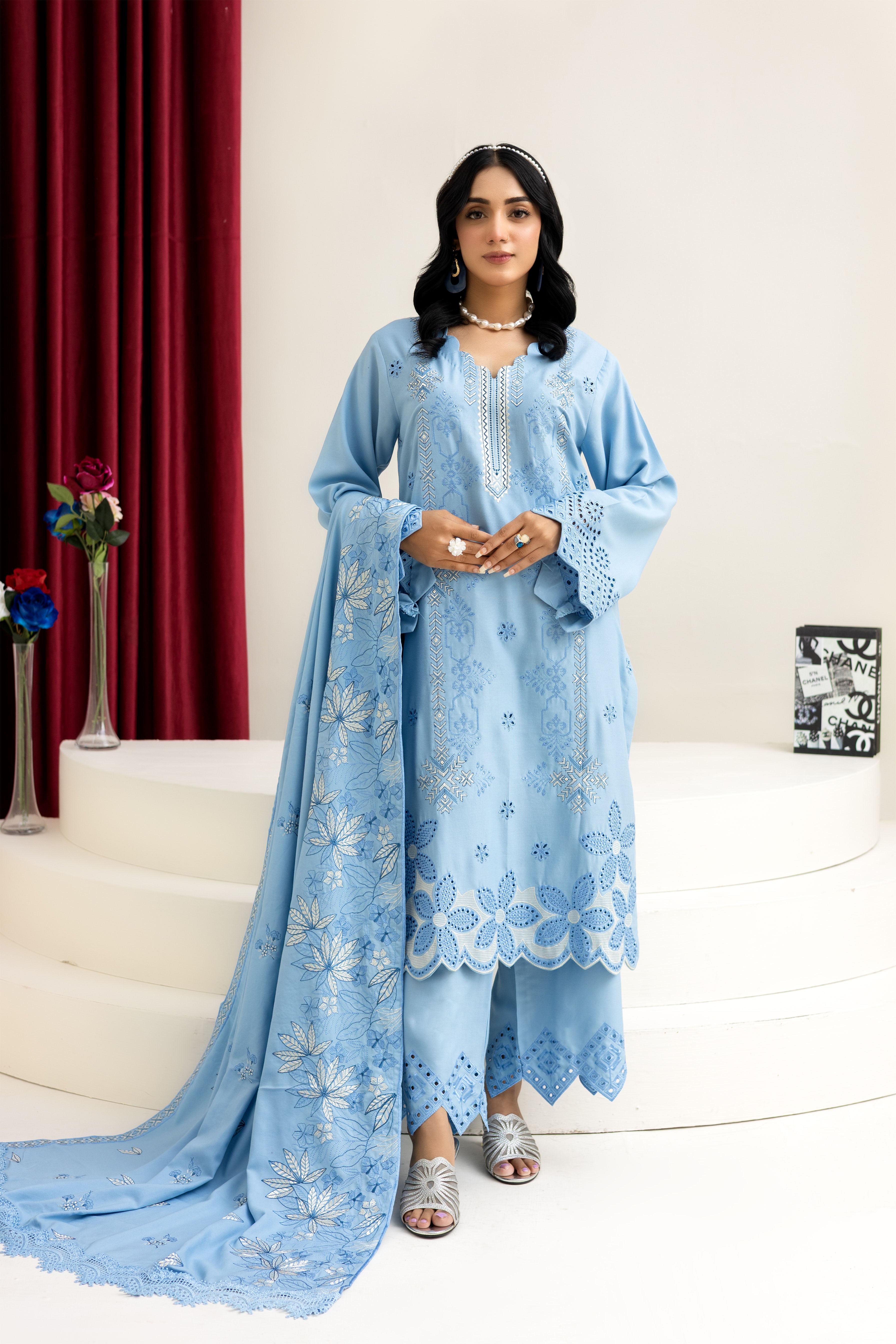 2226- Sky Blue  Embroidered 3-Piece Dhanak Suit