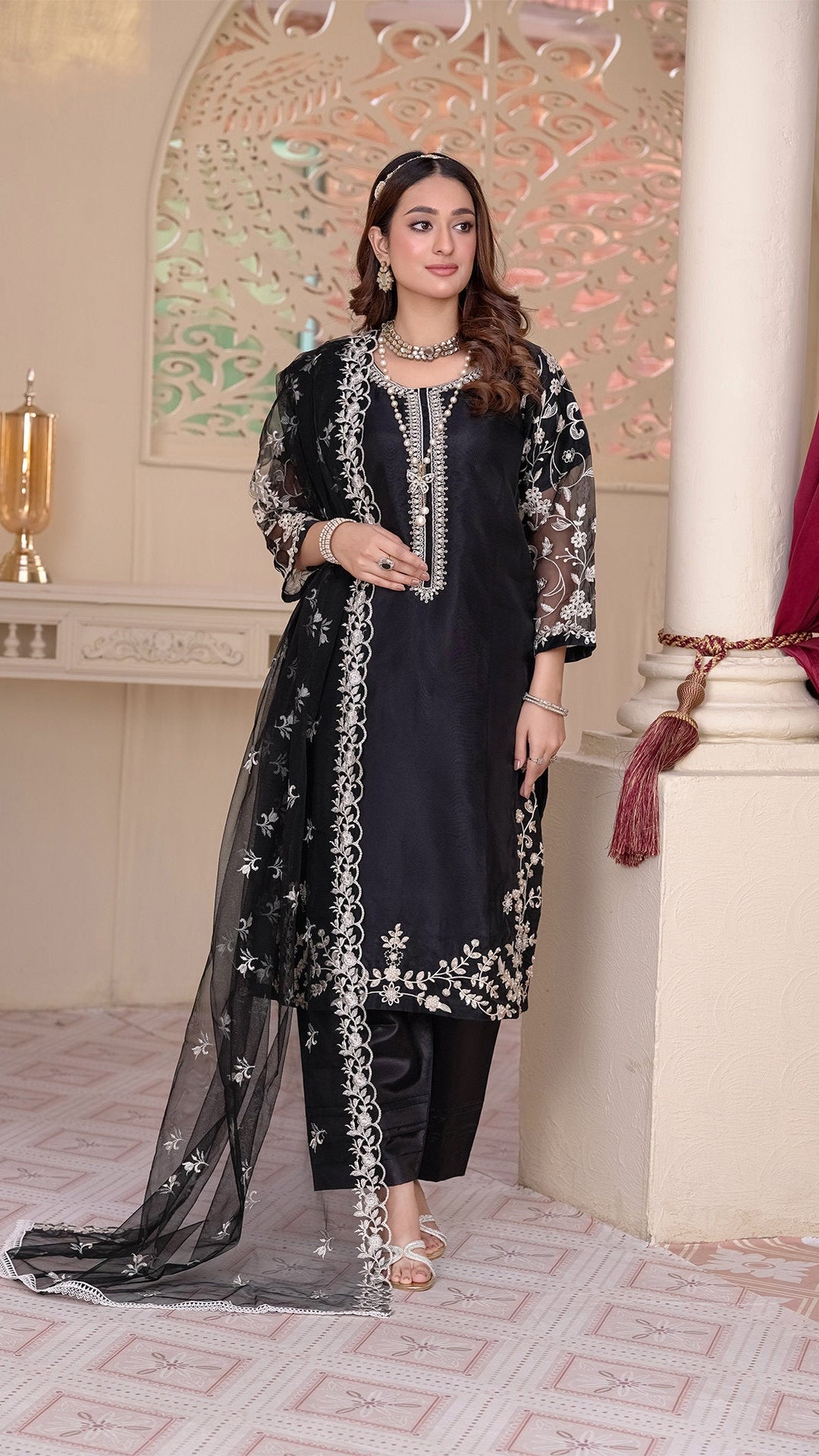 2231 - Black 4-Piece Embellished Organza Suit