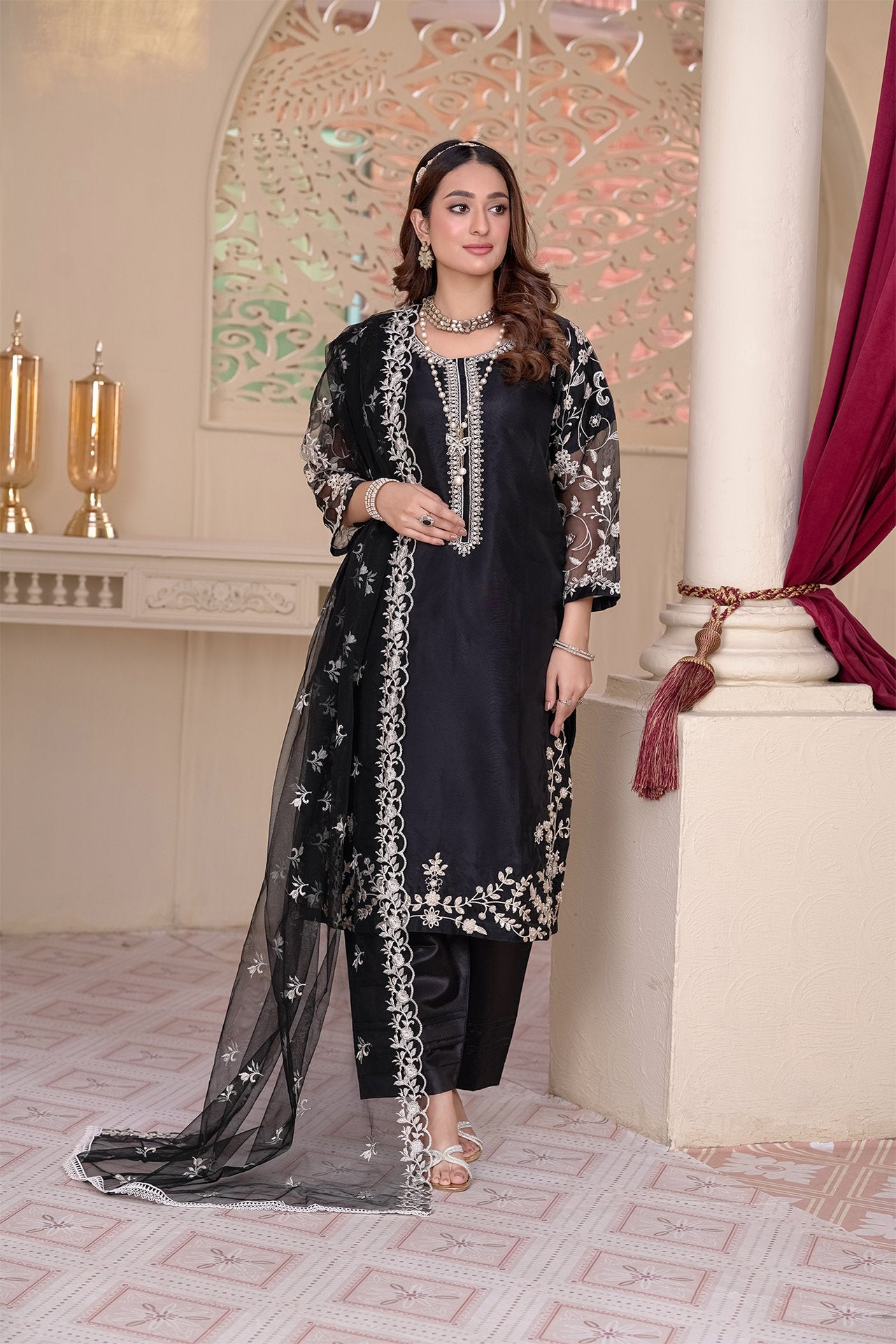 2231 - Black 4-Piece Embellished Organza Suit