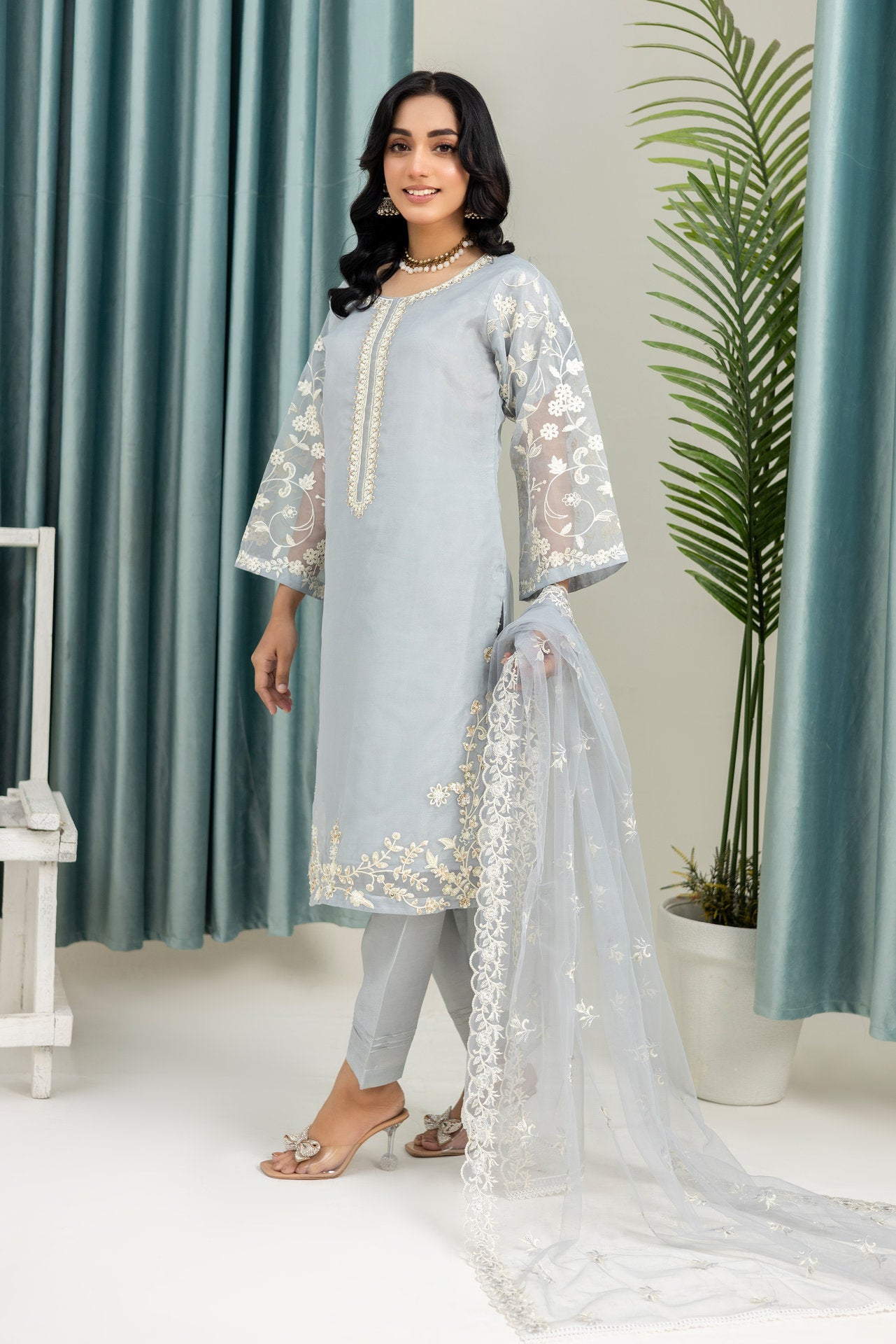 2231 - Silver 4 Piece Embellished Organza Suit