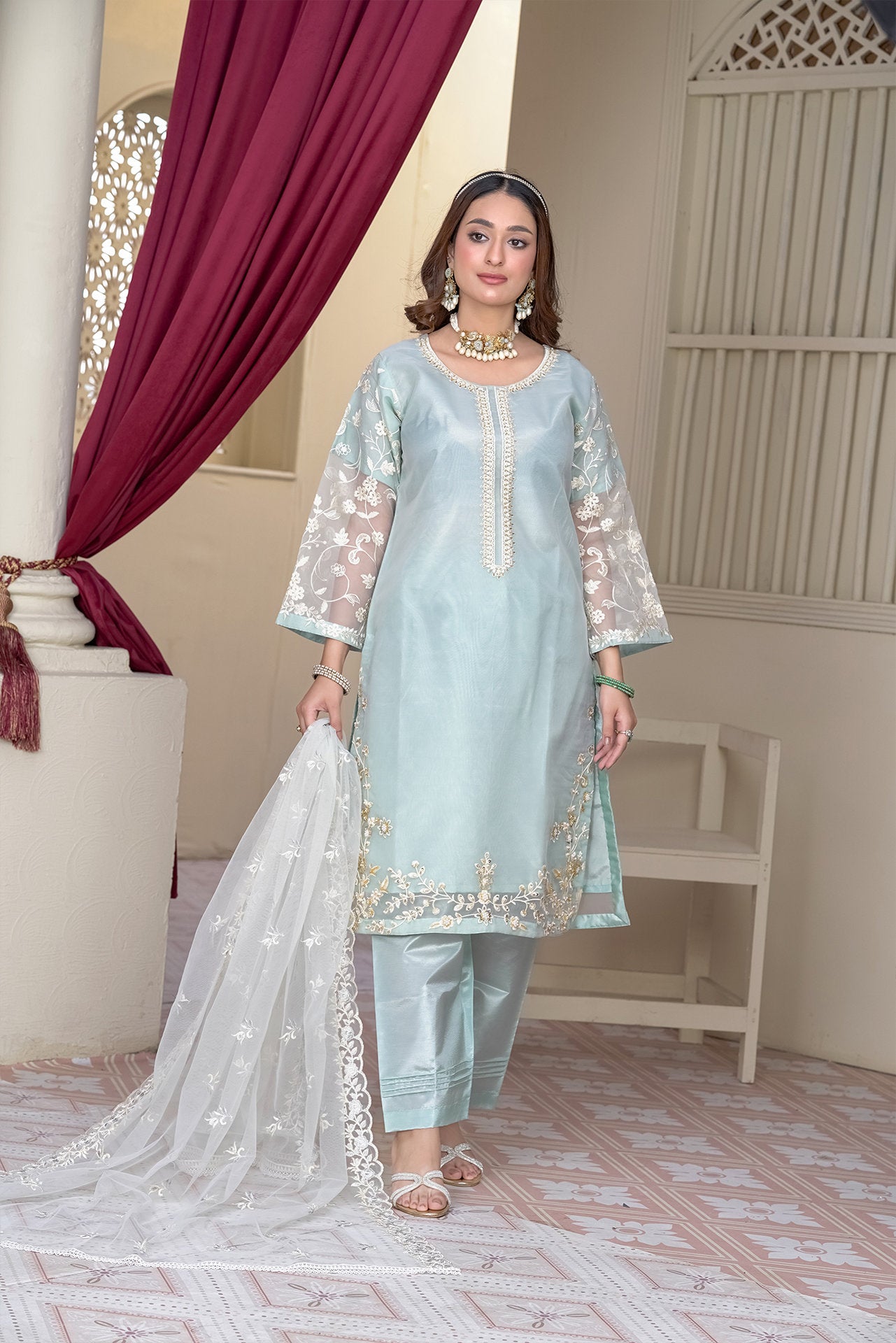2231 – Sea Green Embellished Organza Suit