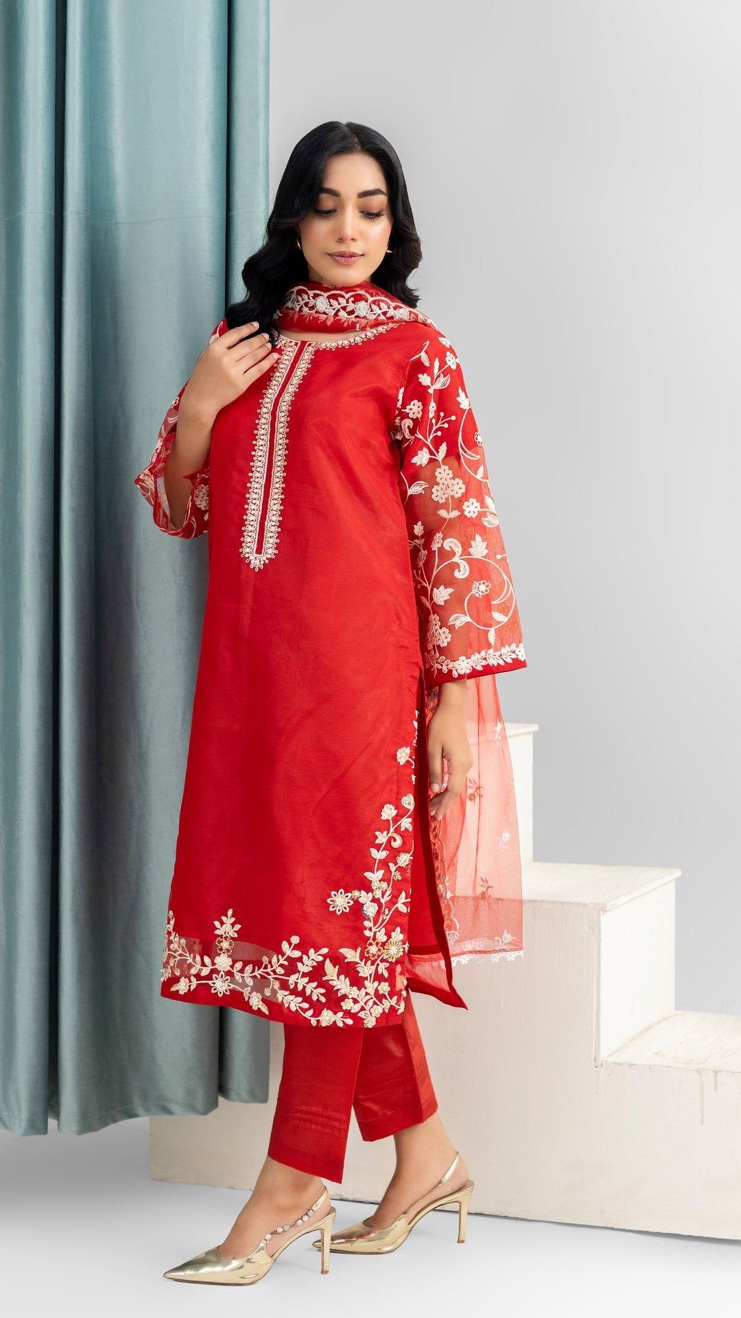 2231 – Red 4 Piece Embellished Organza Suit