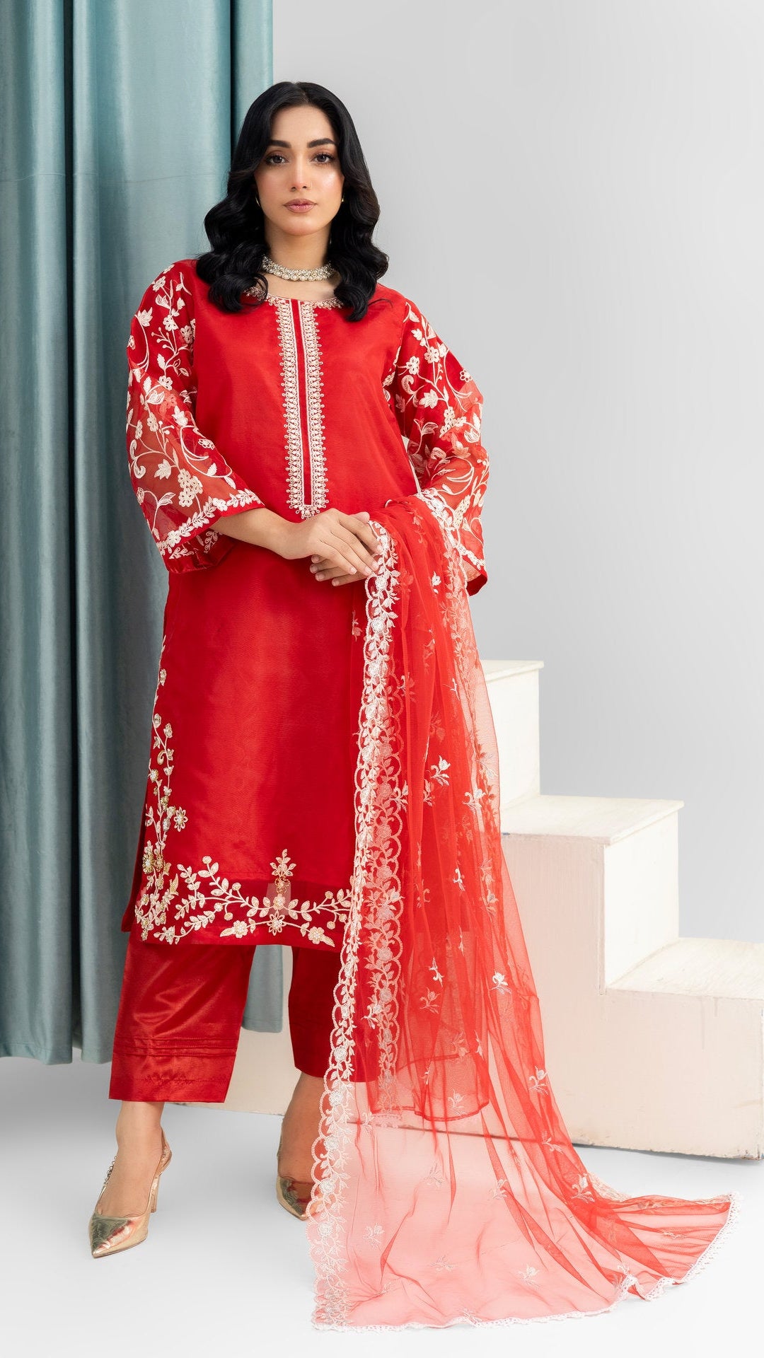 2231 – Red 4 Piece Embellished Organza Suit