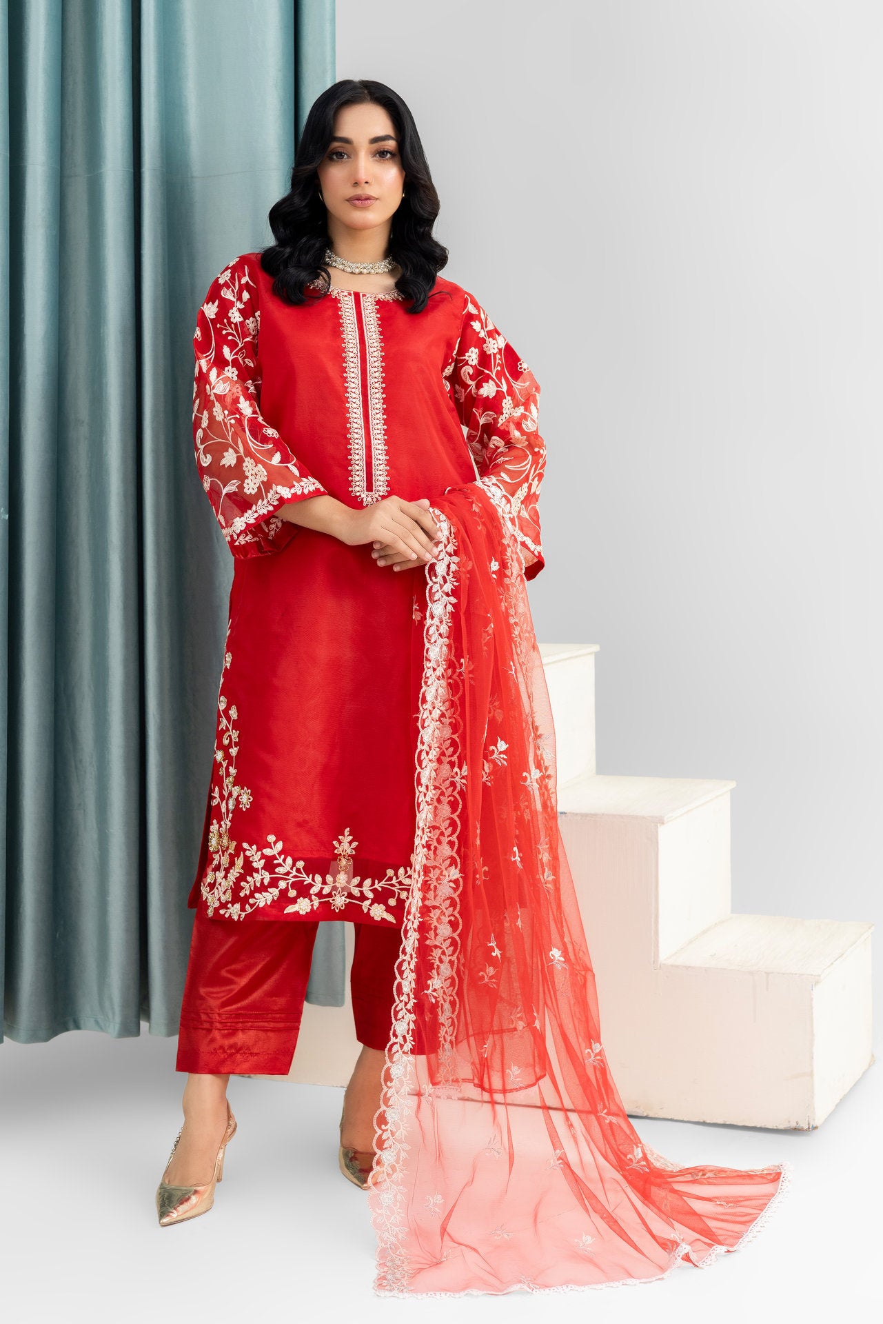 2231 – Red 4 Piece Embellished Organza Suit