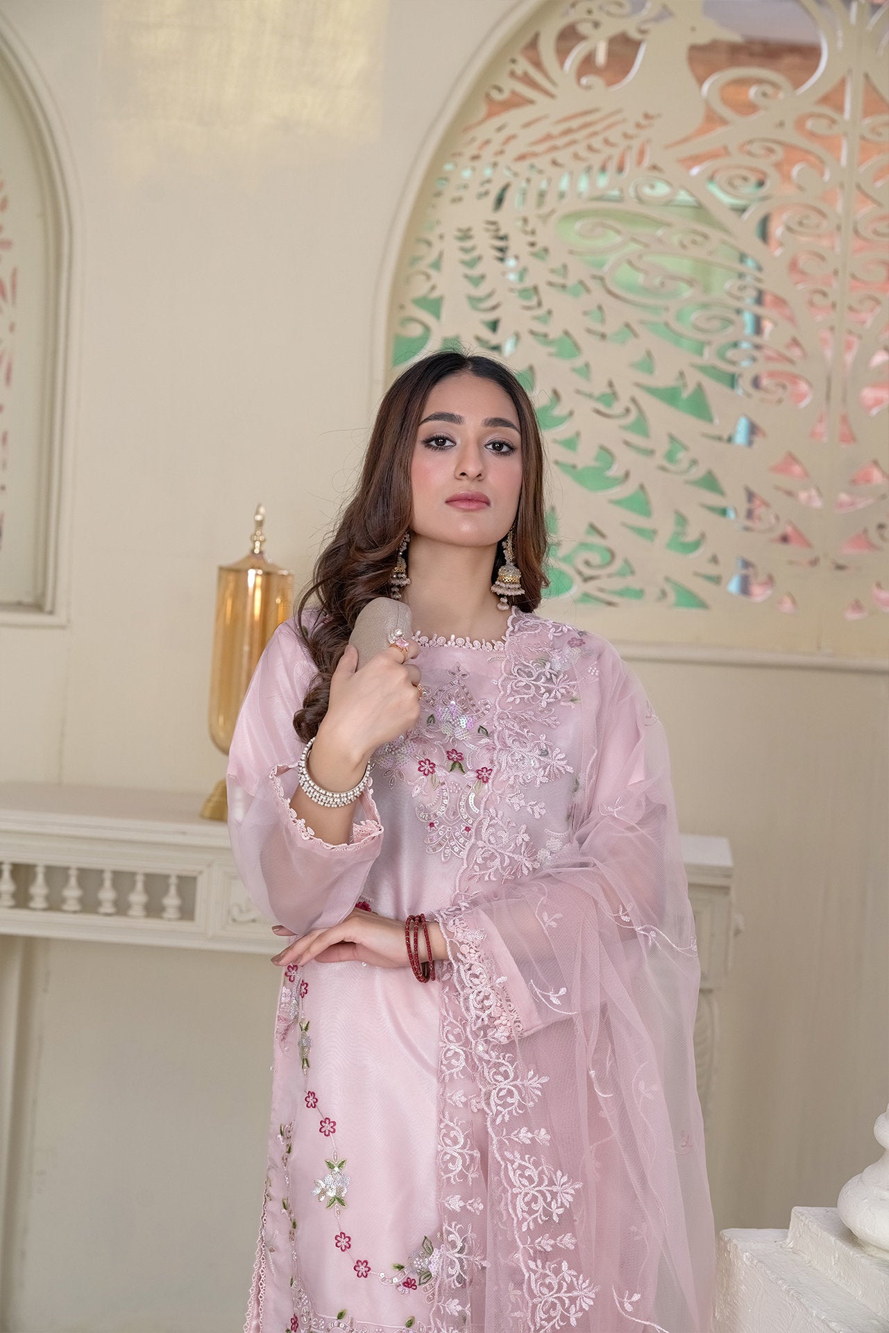 2232- Pastel Pink – 4PC Embellished Organza Kurta Set