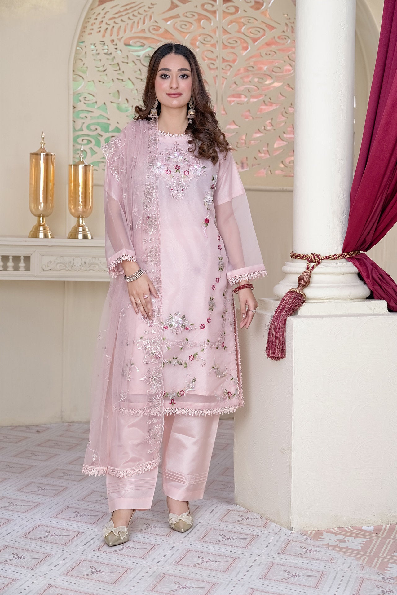 2232- Pastel Pink – 4PC Embellished Organza Kurta Set