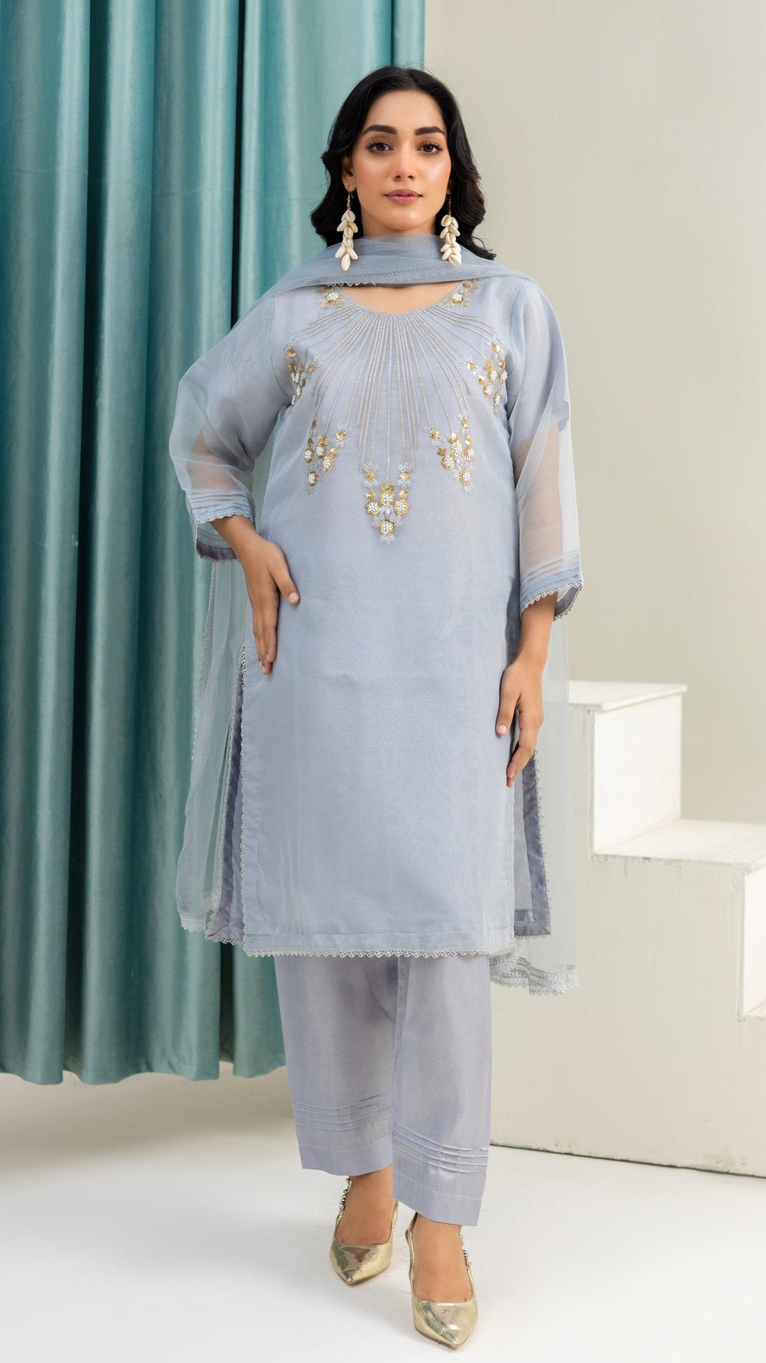 2233 – Grey  4 Piece Embellished Organza Kurta Set