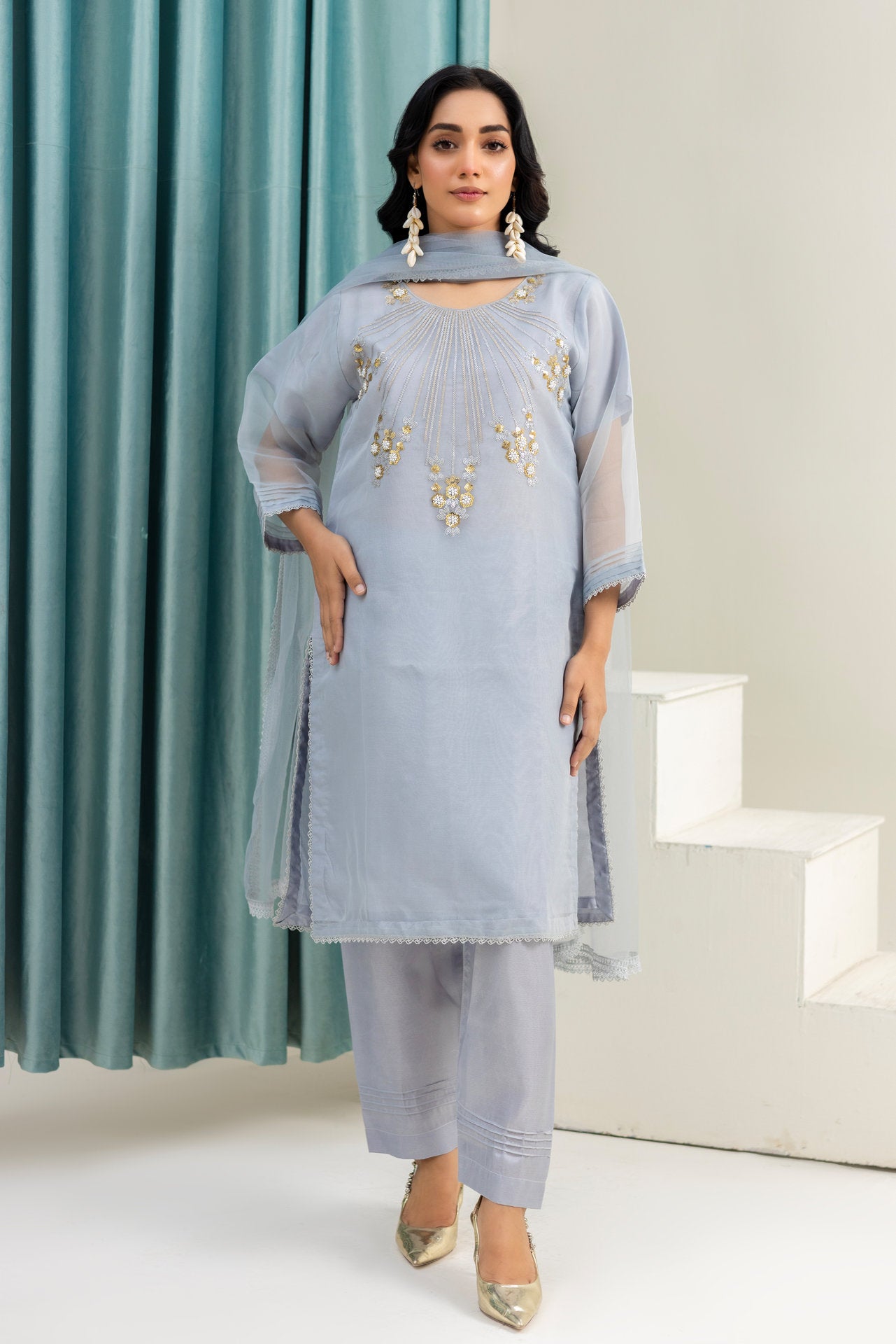 2233 – Grey  4 Piece Embellished Organza Kurta Set