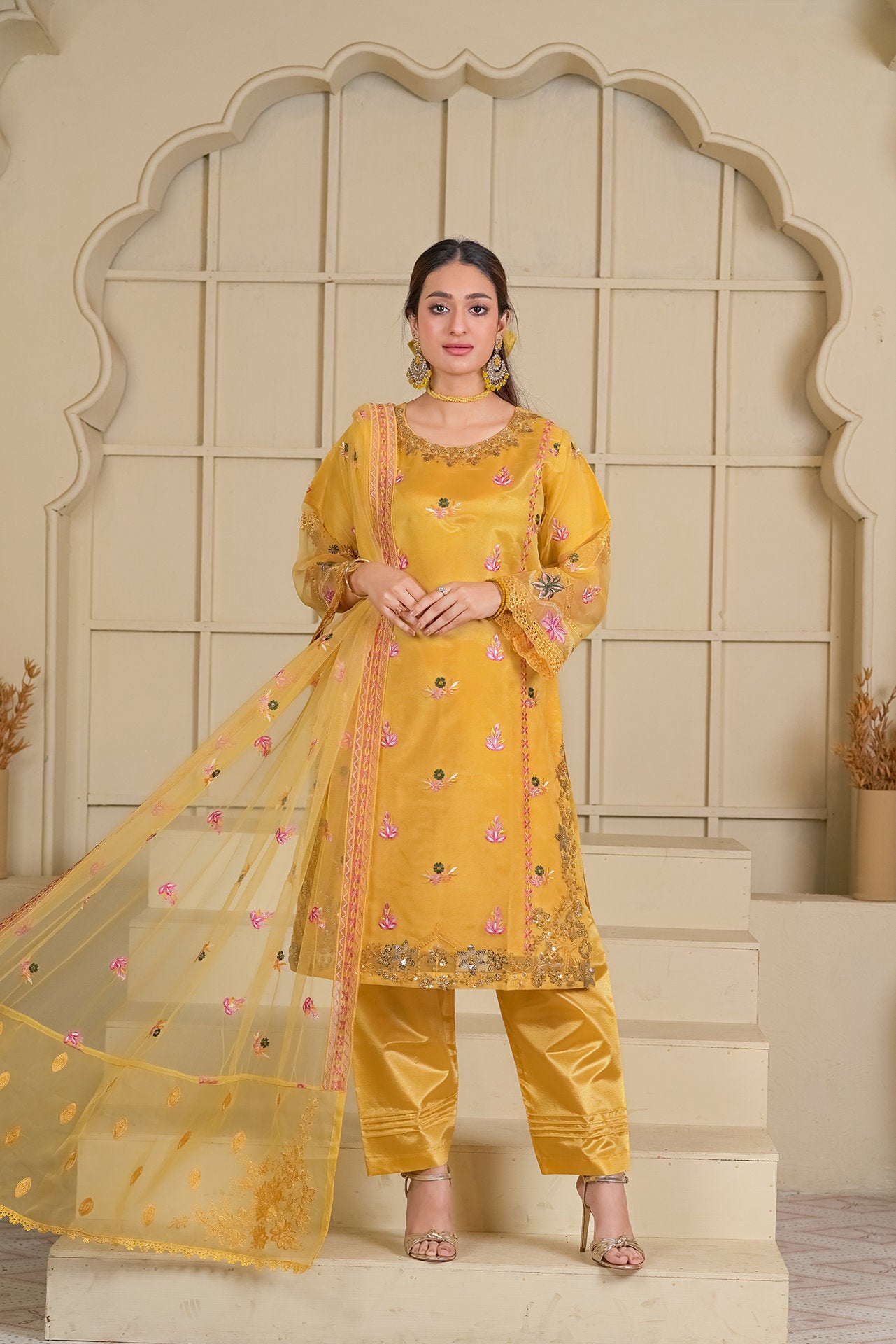 2234-Golden 4 Piece Embellished Kurta Suit Set