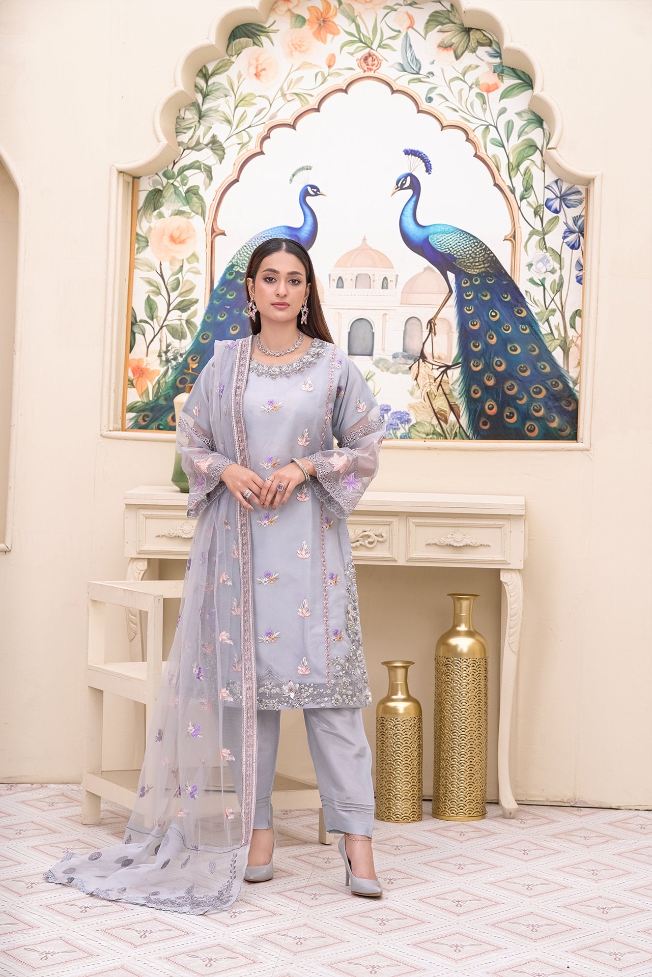 2234 – Grey 4 Piece Embellished  Kurta Suit Set