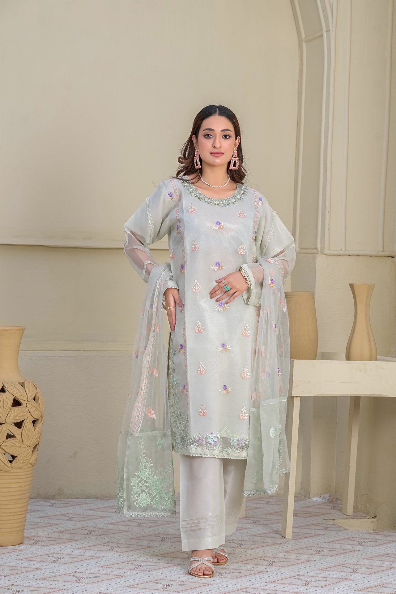2234-Pista Green 4 Piece Embellished Kurta Suit Set