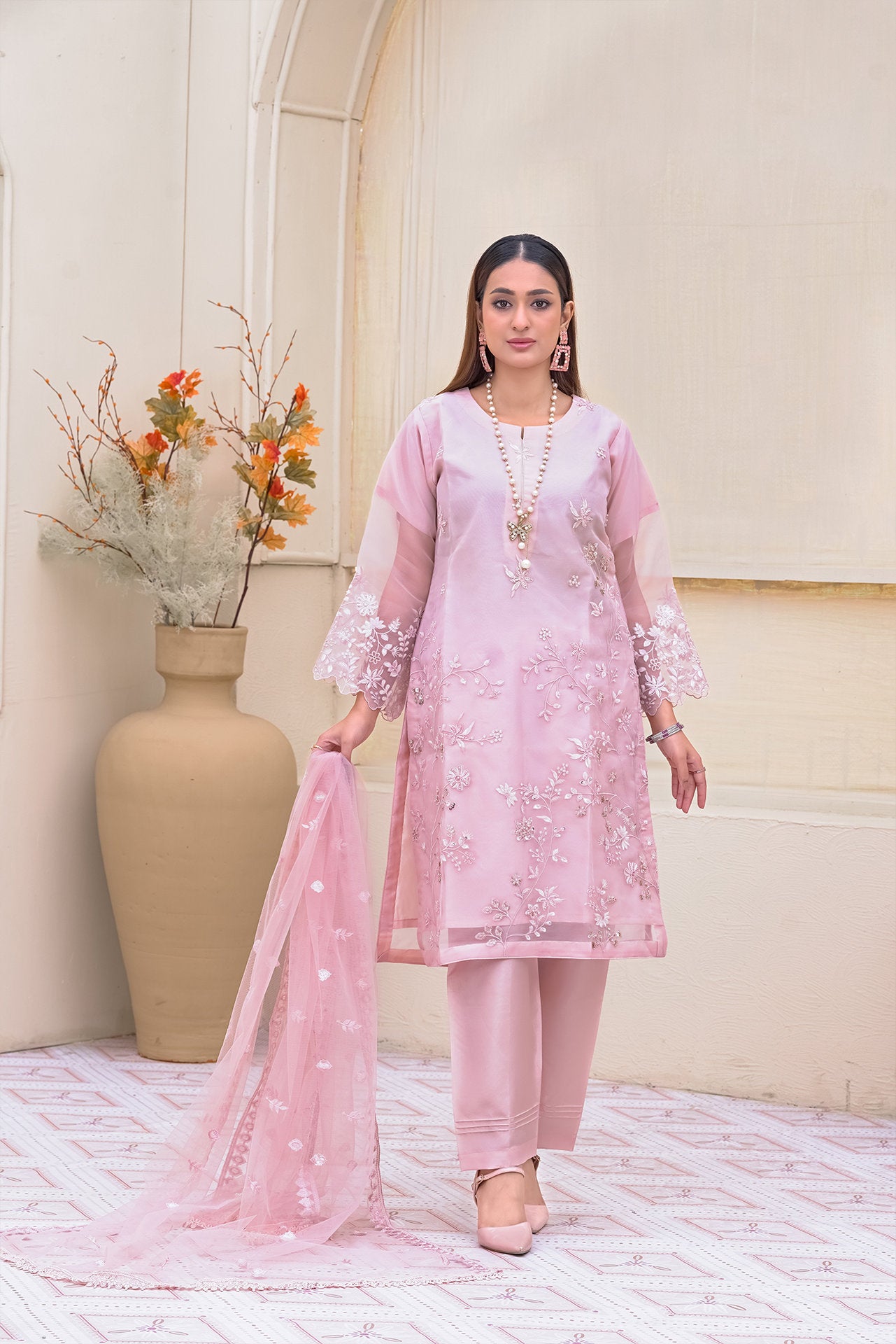 2235-Pastel Pink 4 Piece Embellished Organza Kurta Set