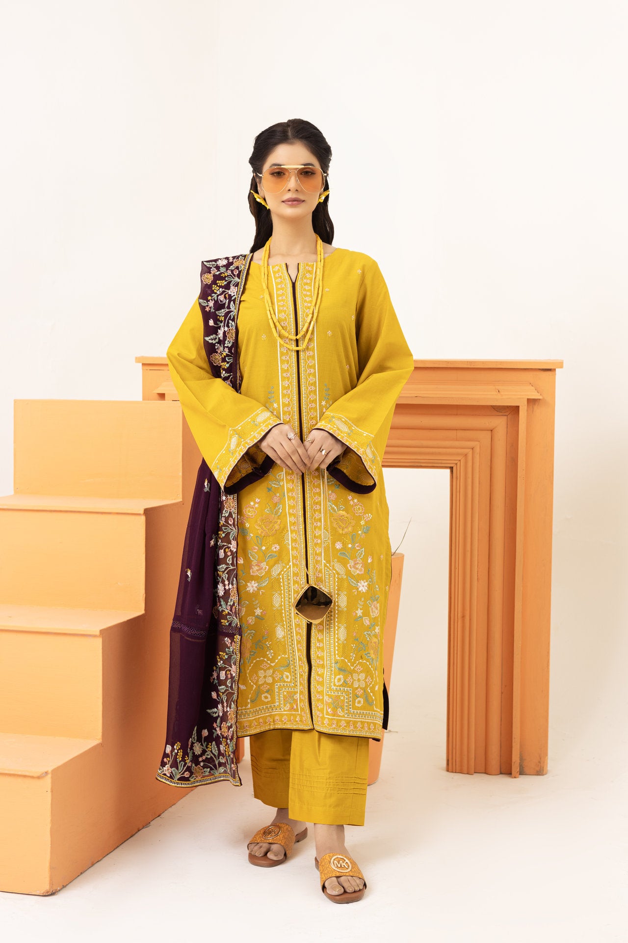 2238-Yellow Embroidered 3-Piece Cotton Lawn Suit – Elegant Summer Wear