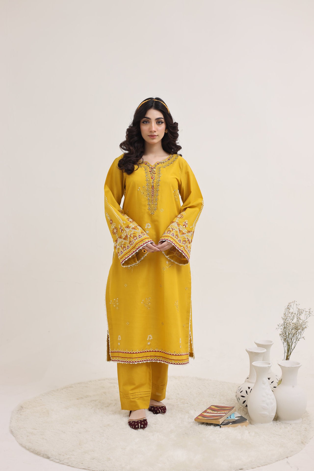 2243-Gold Embroidered 2-Piece Cotton Lawn Suit – Elegant Summer Wear