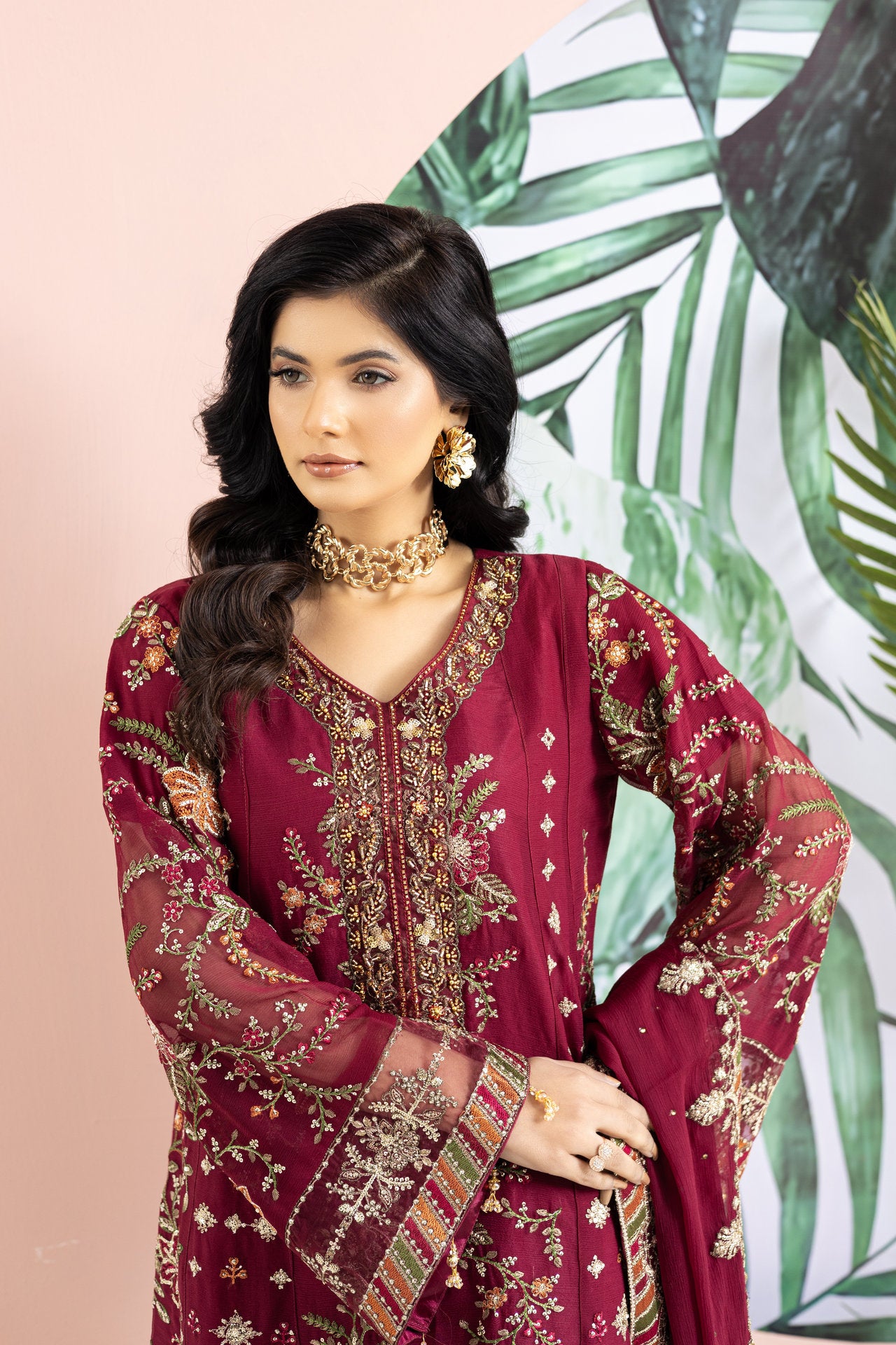 2245-Hot Pink Embroidered 3-Piece Chiffon Suit – Elegant Summer Wear