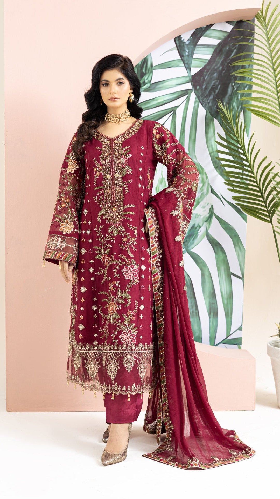 2245-Hot Pink Embroidered 3-Piece Chiffon Suit – Elegant Summer Wear