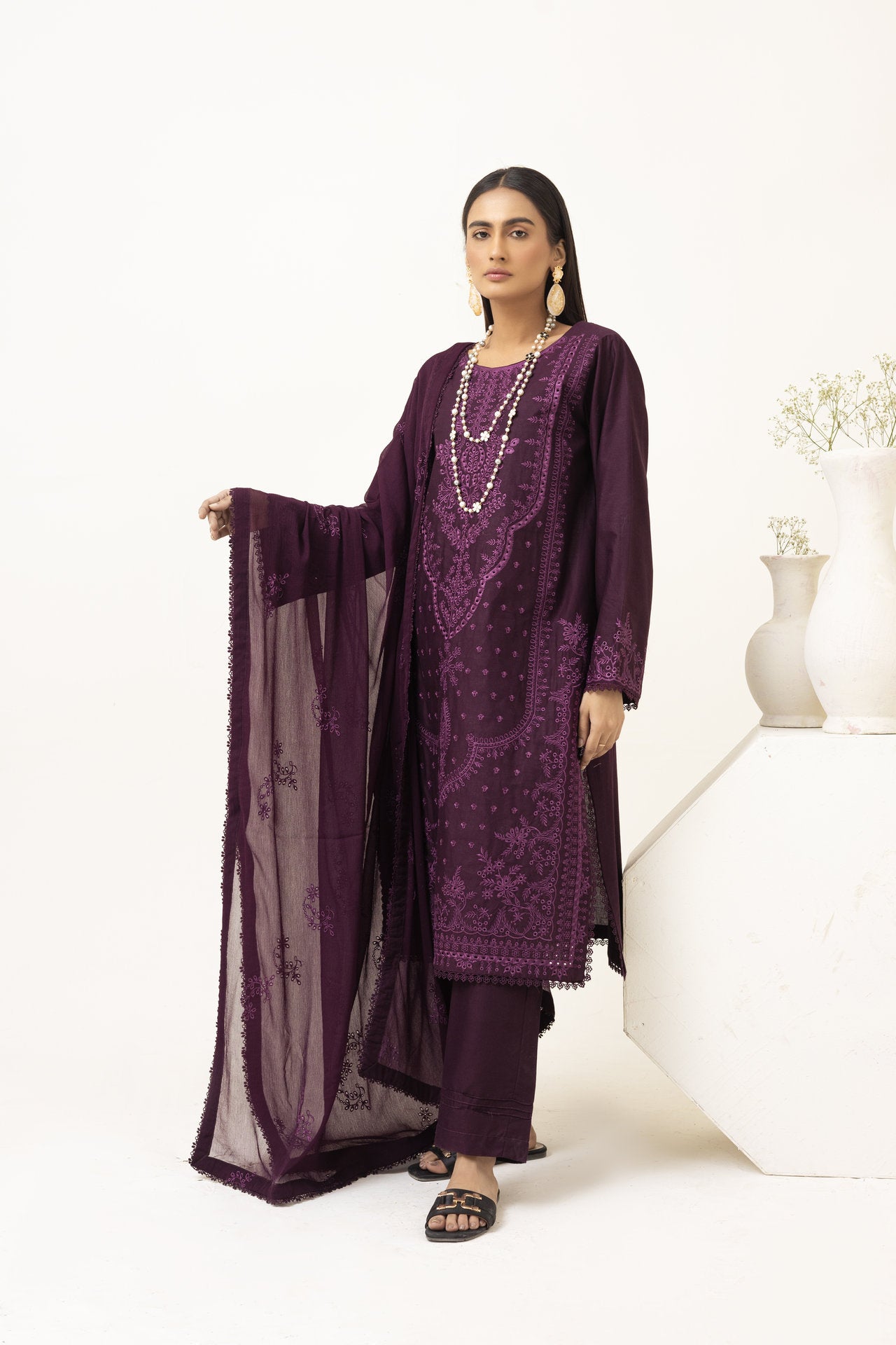 2247 - Purple Embroidered 3-Piece Cotton Lawn Suit – Elegant Summer Wear