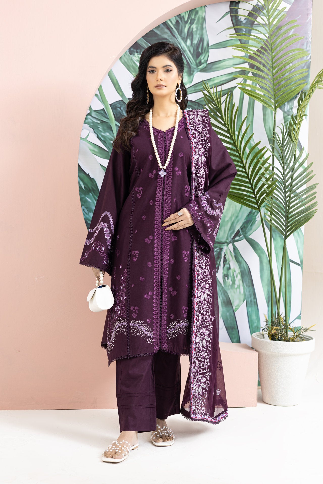 2252-Purple Embroidered 3-Piece Cotton Lawn Suit – Elegant Summer Wear