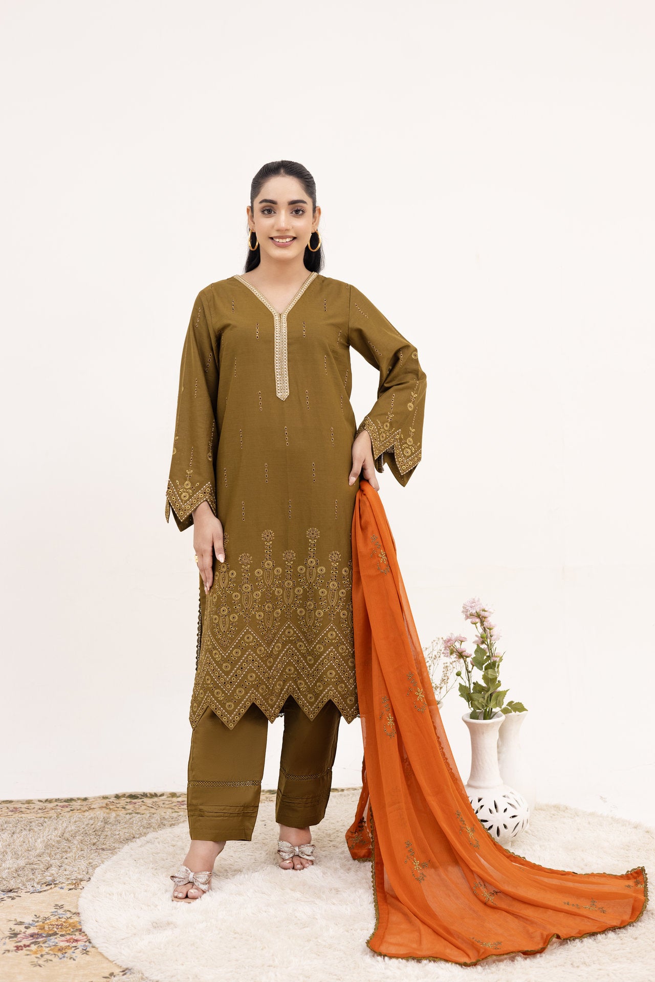2258-Tobacco Embroidered 3-Piece Cotton Lawn Suit – Elegant Summer Wear
