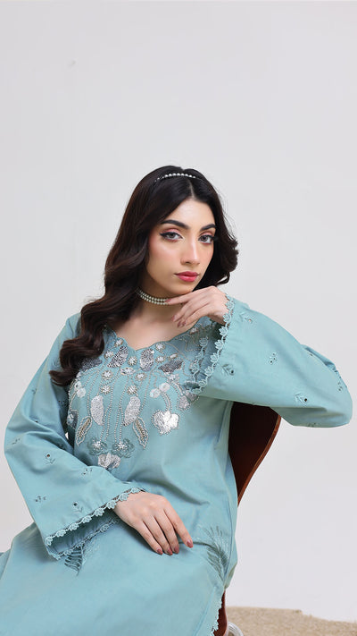 2263-Ice Blue Embroidered 2-Piece  Cotton Lawn Suit